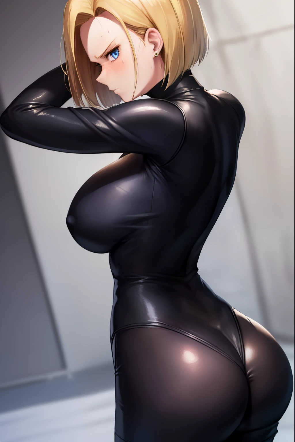 highest quality, High resolution, AND18, 1 girl, android 18, alone, golden hair, blue eyes, short hair,earrings,big breasts, frown,embarrassed face, Sweat,1 girl, Black tight suit, streak,looking at the viewer,back view,thrust one's butt at the viewer,
