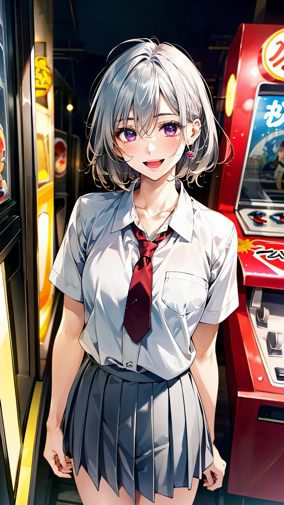 (masterpiece:1.2, top-quality, ultra high res, ultra detailed), (realistic, photorealistic:1.4), beautiful illustration, (natural side lighting, movie lighting),
looking at viewer, full body, 1 girl, japanese, high school girl, perfect face, (perfect anatomy), cute and symmetrical face, baby face, shiny skin, slender,
(short hair, messy hair, silver hair), hair between eyes, purple eyes, big eyes, long eye lasher, (medium breasts),
beautiful hair, beautiful face, beautiful detailed eyes, beautiful clavicle, beautiful body, beautiful chest, beautiful thigh, beautiful legs, beautiful fingers,
((detailed cloth texture, light grey pleated skirt, short sleeve white collared shirt), dark red tie),
(beautiful scenery), day time, amusement arcade, japanese arcade machine, standing, (happy smile, open mouth),
