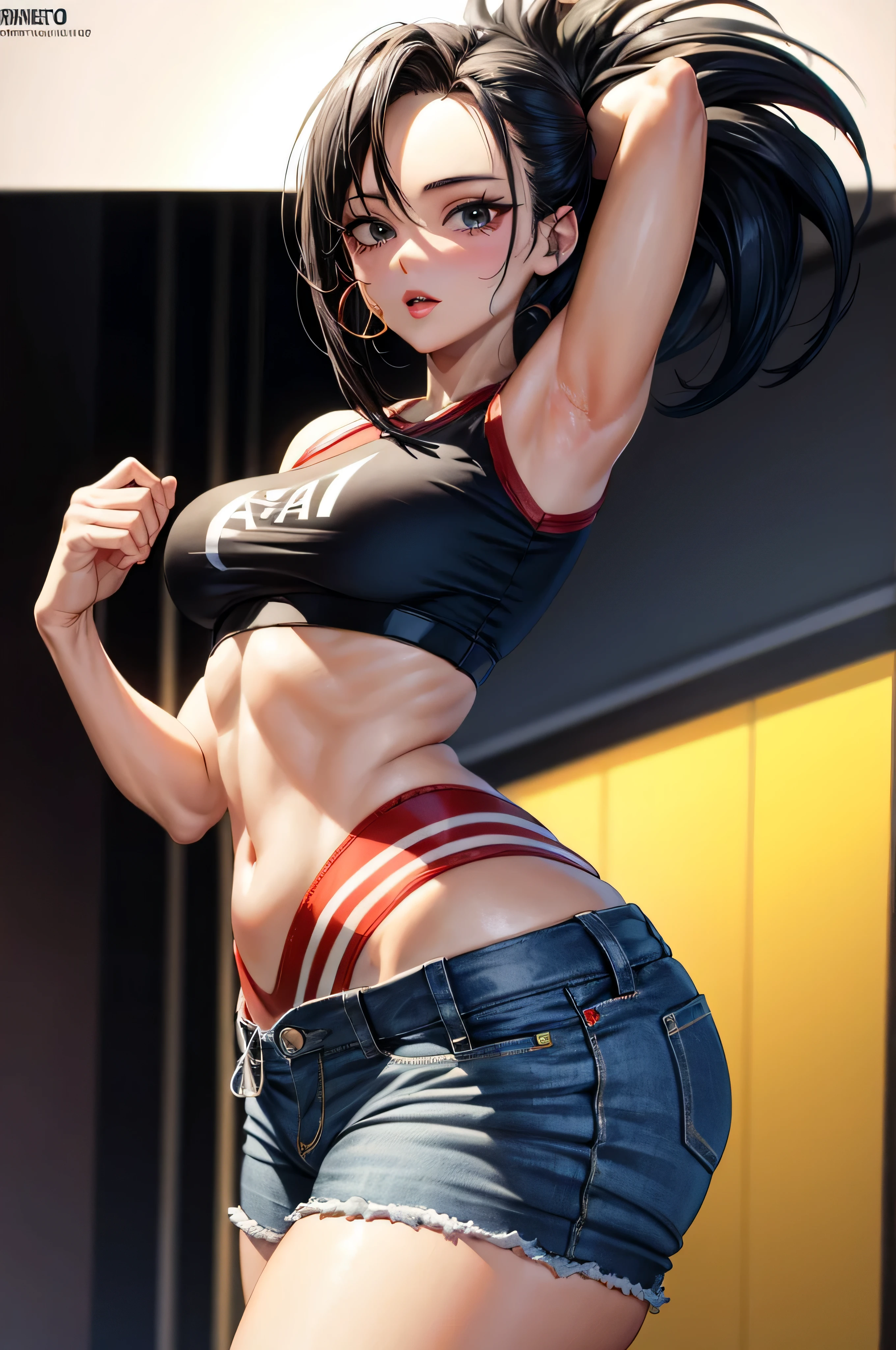 Momo Yaoyorozu, muito sensual, com roupas de funkeira, brasileira, rio de janeiro, dancing funk, rebolando, bunda grande, pernas grossas, usando um short jeans extremamente curto, usando uma mini blusa, umbigo com pirsing, sneakers Nike, cabelo comprido, Speaker behind, corpo inteiro, muito realista, extremamente sexy, 8k, 8k extremamente detalhado), (um extremamente delicado e bonito), (obra-prima), (melhor qualidade: 1.0), (ultra highres:1.0)