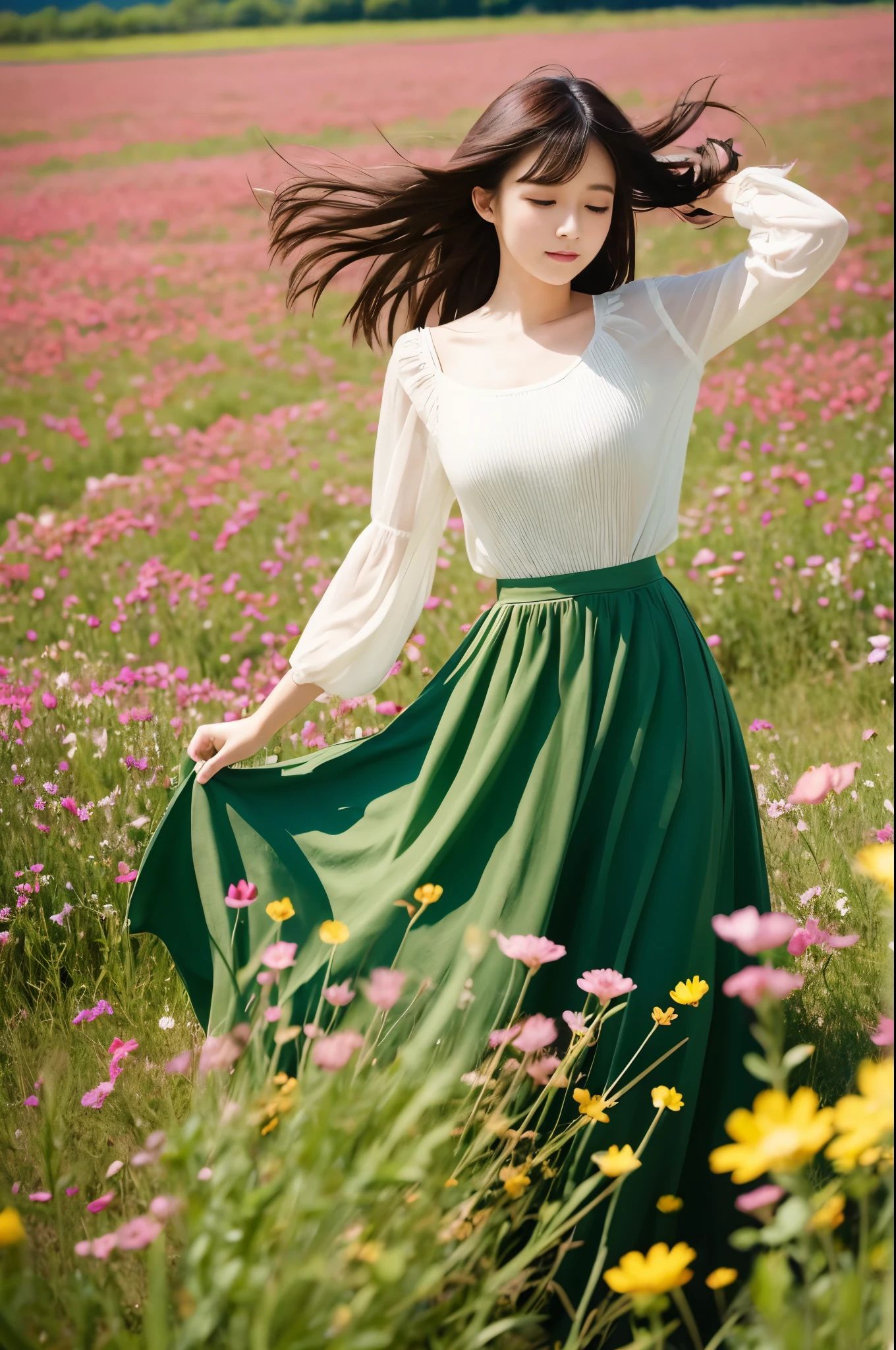 neat beauty、one piece、A field of flowers spread out all over、hair blowing in the wind、long skirt、blur the background
