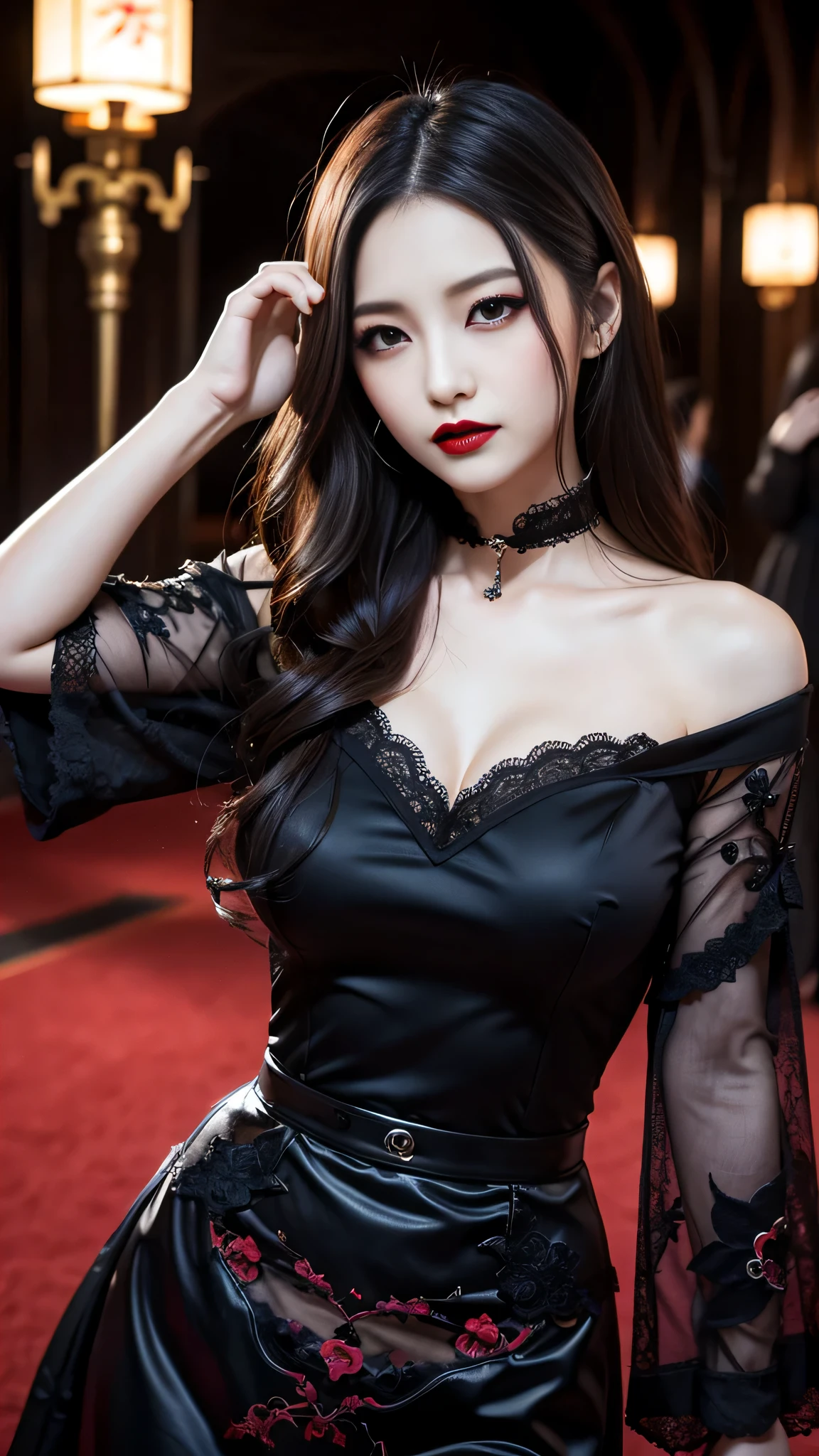 Super detailed、Japanese、charming beauty、seductive adult woman、Beautiful woman、sharp eyes、cool girl、wavy hair、long black cheongsam、wide sleeve、evilの幹部、evil depravity、brainwashing、Mind control、lipstick、grin、evilな表情、evil、empty eyes、evil、church at night、vampire、vampire、Hypnosis、brainwashinging、Contrasting、makeup brush