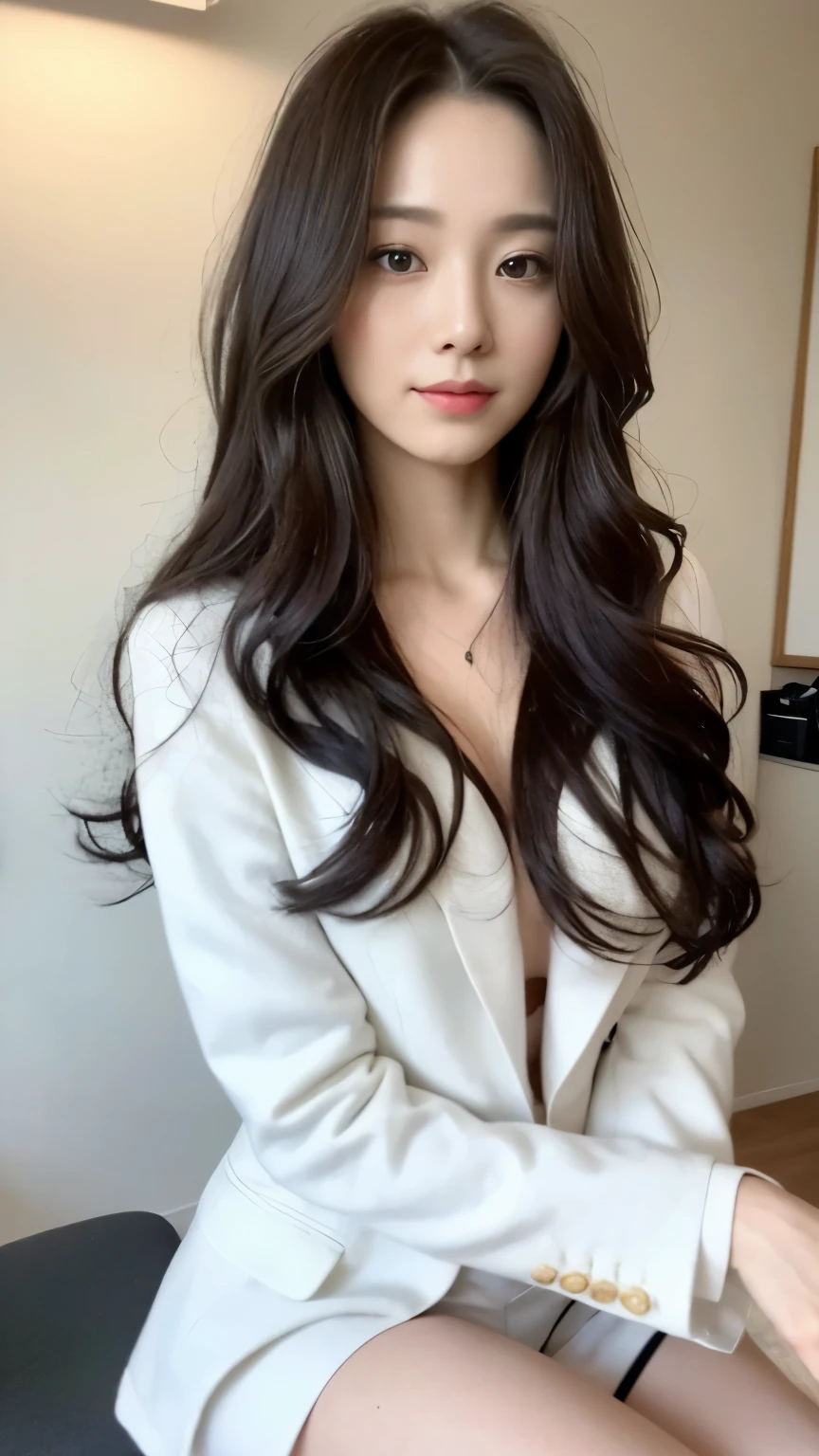 ((top-quality、8k、masterpiece:1.3))、Beautiful woman with perfect body:1.4、slim abdomen:1.2、Longhair, normal breast, Highly detailed facial and skin texture, A detailed eye, delicate eyes, double eyelid, (smile), (full body shot), ((office)), (sitting on chair), ((wearing white uniform with white coat)), looking in front