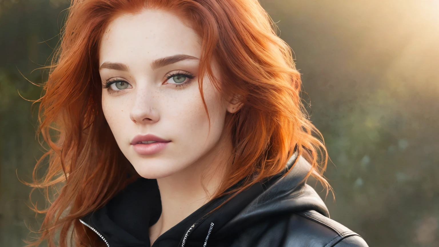 a photo of a seductive woman with loose styled (redhead hair:1.1), bored, she is wearing a hoodie and black leather jacket and leggings, mascara, (textured skin, skin pores:1.1), (moles:0.8), imperfect skin, goosebumps, flawless face, (light freckles:0.9), (sun-kissed:1.1), ((photorealistic):1.1), (raw, 8k:1.3),