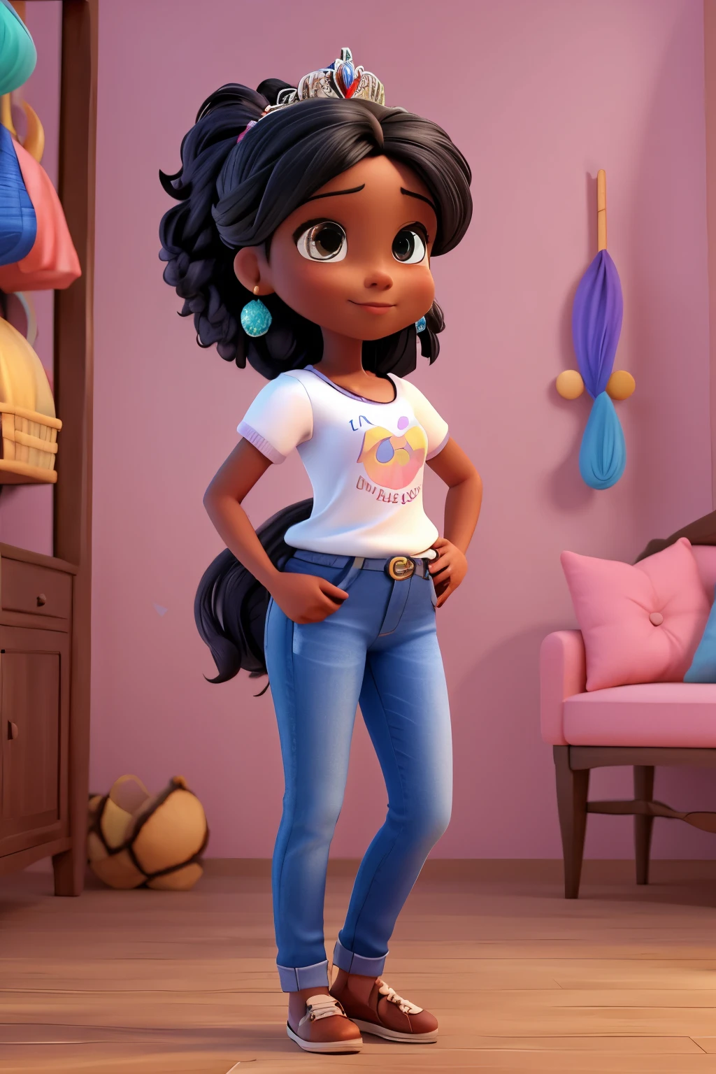 Quero estilo 3d pixar com uma mulher de cabelo preto cacheado longo, standing full length, with fine brush in right hand, vestindo uma blusa azul e saia rosa colorida, tiara de pompom rosa choque, sapatilha, fundo branco