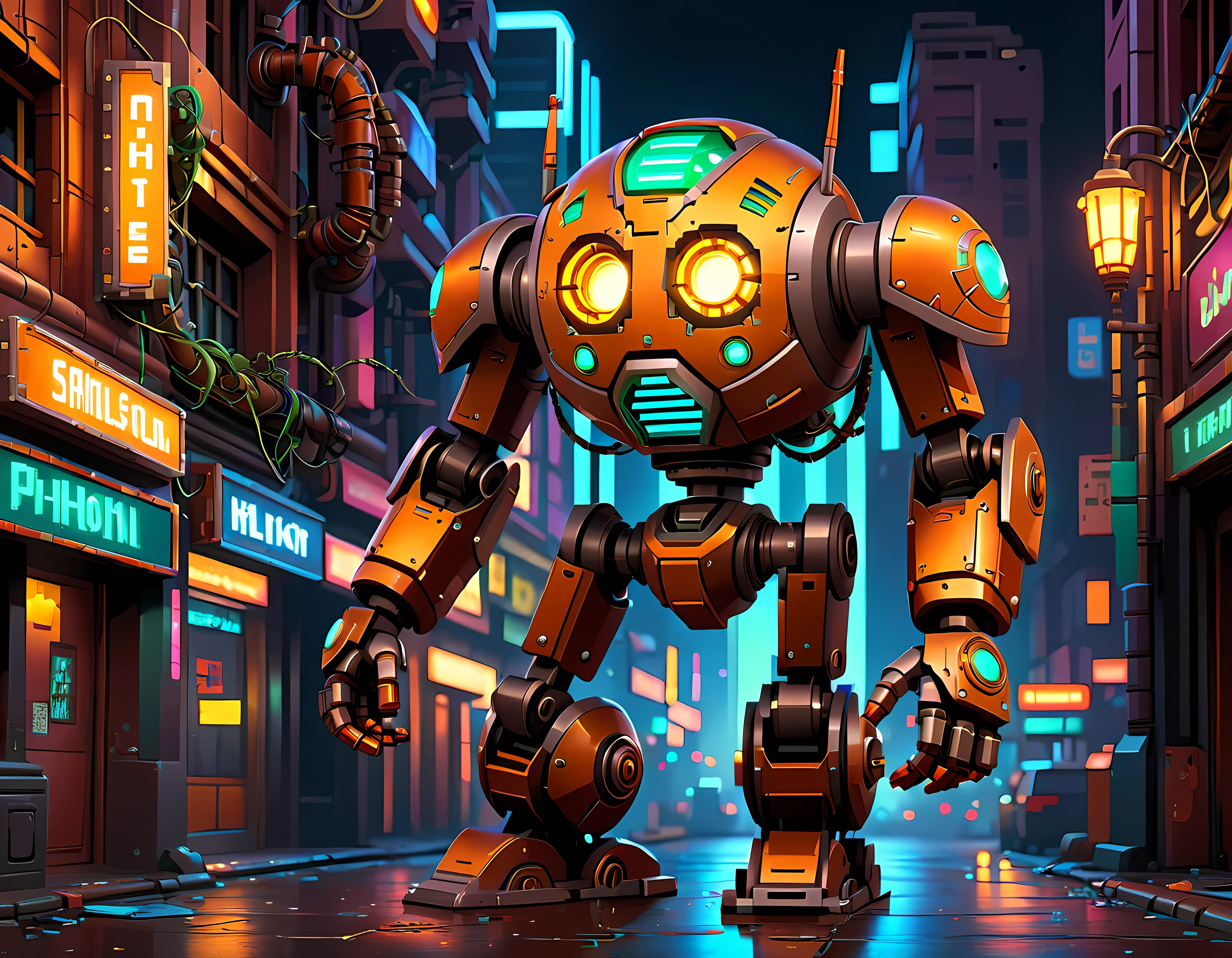 Pixel art, the abandoned mechanoid with a weathered and rusted metallic body, its intricate design blends art deco influences with advanced technology, glowing neon accents, geometric patterns, oversized gauntlets, and delicate vine-like details, a silent guardian amidst a neon-lit cityscape, masterpiece in maximum 16K resolution, superb quality. | ((More_Detail))