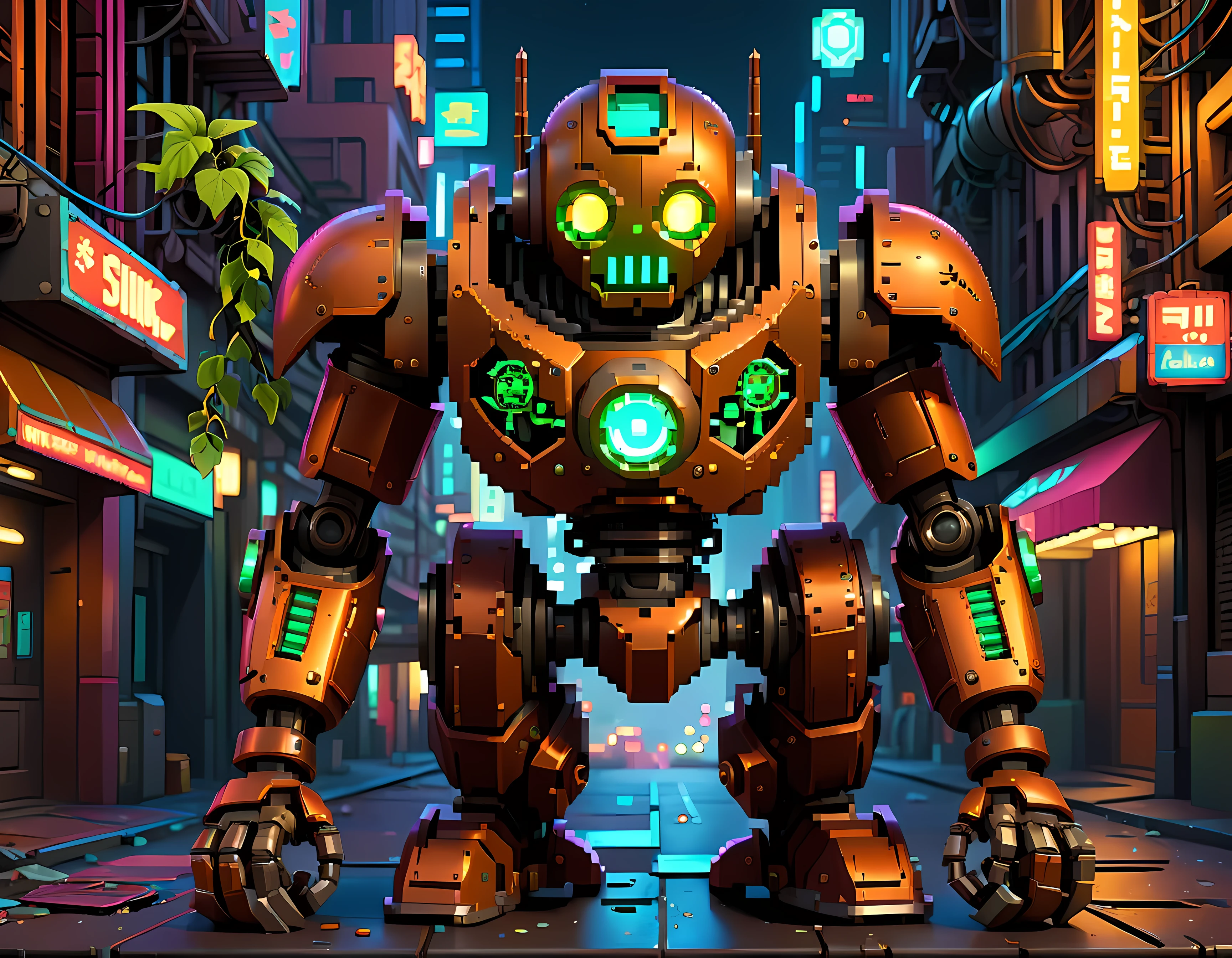 Pixel art, the abandoned mechanoid with a weathered and rusted metallic body, its intricate design blends art deco influences with advanced technology, glowing neon accents, geometric patterns, oversized gauntlets, and delicate vine-like details, a silent guardian amidst a neon-lit cityscape, masterpiece in maximum 16K resolution, superb quality. | ((More_Detail))