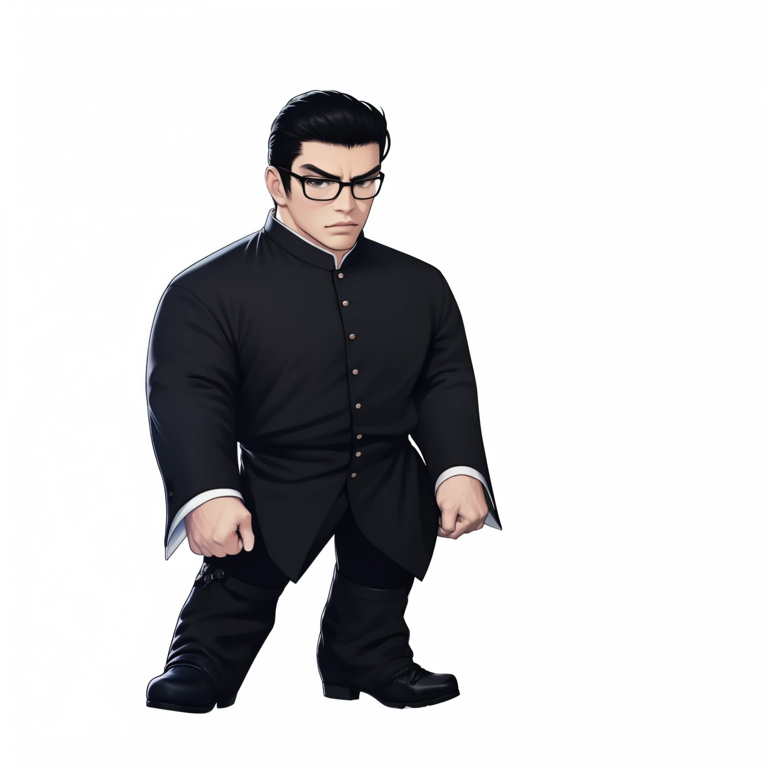 One is wearing a black tunic, black pants, black shoes、wearing glasses、cartoon of man clenching fist, unrealistic character concept, 人物full body portrait, Full body portrait, 短篇full body portrait!, realistic character concept, Nerd man character portrait, Full body portrait, Inspired by Takamoto Iwano, full body portrait, Hideaki Anno anime, full body portrait