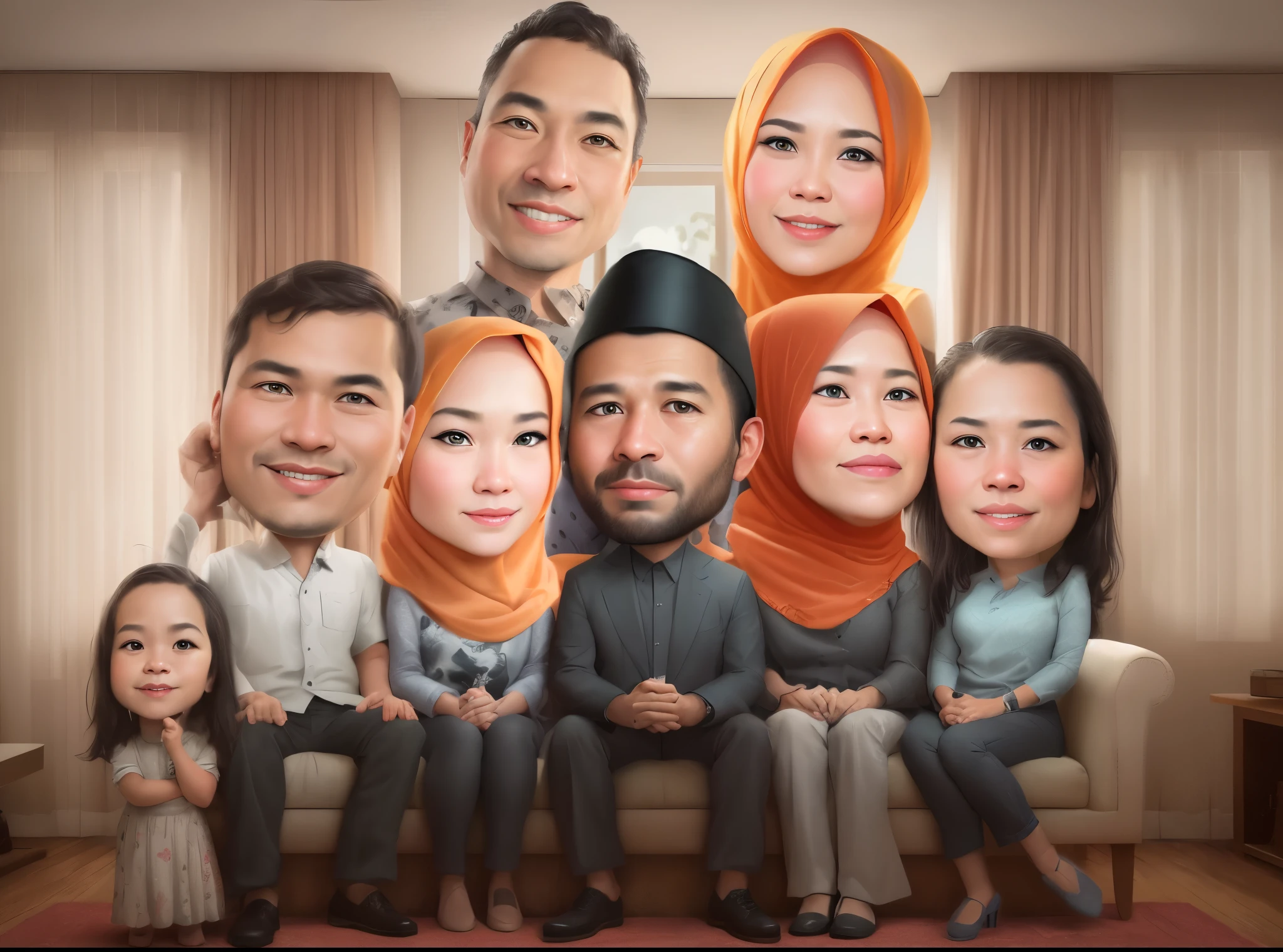 arafed family portrait of a man, woman hijab, and two other people, caricature style, in cartoon style, potrait, caricature, caricature illustration, indonesian muslim family, realistic cartoon, digital art cartoon, full protrait, happy family, family portrait, cartoon art, high quality portrait, cartoon digital art, foto realistic, digital panting, caricature,  HDR plus, realistic, rendering