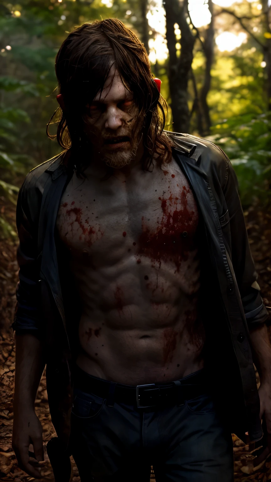 A striking RAW photo of zombie Daryl Dixon, the iconic character from The Walking Dead, standing amidst a dense, photo-realistic forest. The background features a vast, immersive scene reminiscent of a post-apocalyptic world. (masterpiece, best quality:1.2), ((RAW photo, Best quality)), (Realistic, photo-realistic:1.2) a evil zombie, blood, hottinig, ((horror, creepy)) , night, ((White eyes)). angry. ((( Exposed brain))), ((Pale or Grey skin)), wounds, empty eyes, torn clothes, slow movements, guttural noises, aggressive and cannibalistic behavior. Cinematic lighting.