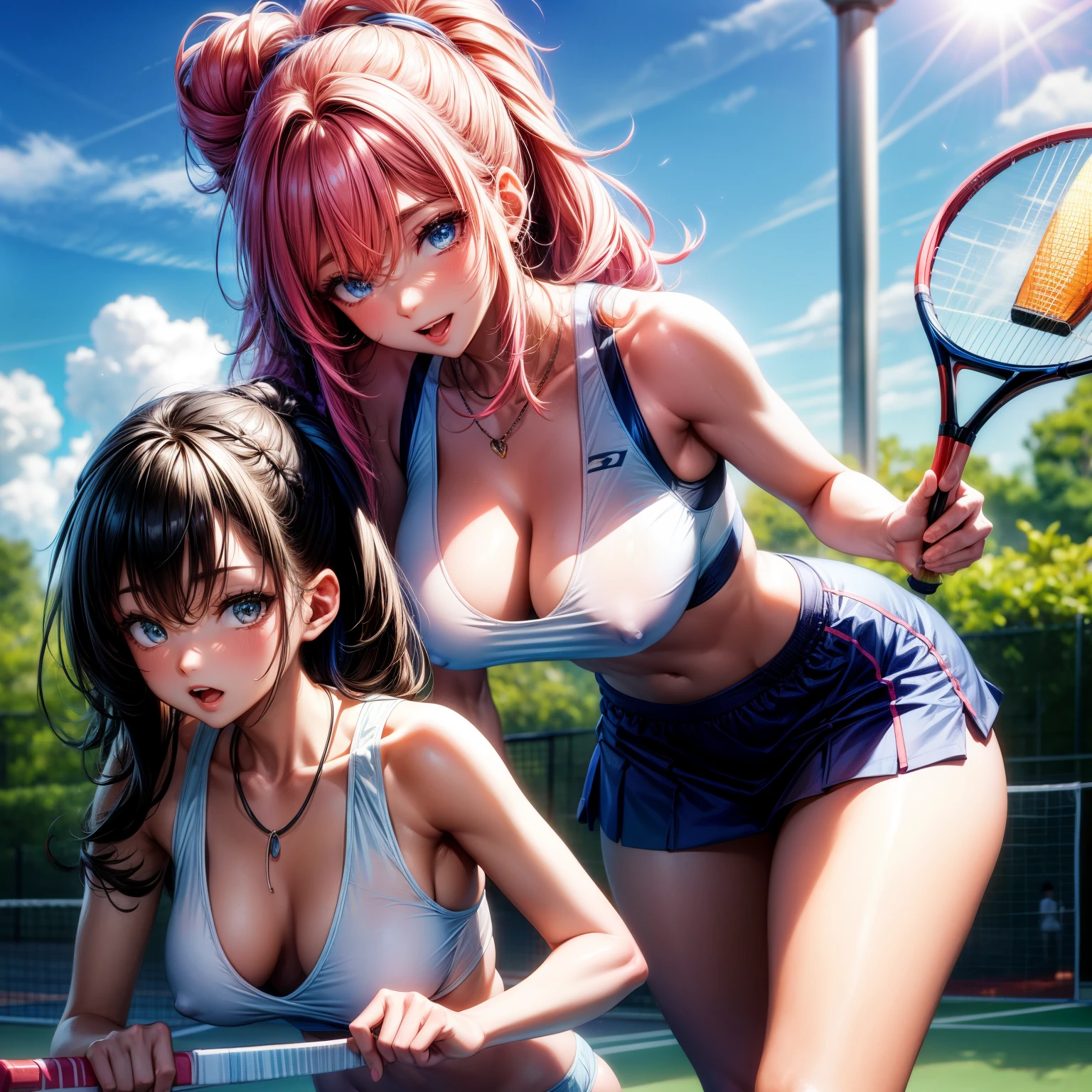 (8k ,Super detailed,Best masterpiece,nature,perfect work of art,perfect female figure),two women,sister and younger sister, sisters,rainbow hair,perfect face,(huge ),neighbor wife,woman hairstyle,elegant wife,Sophisticated and revealing ,20 years old,White skin,messy hair,perfect sexy body,Tone,flirtatious,very big ,Willow Yao,see through breasts,nipple,tennis player,Wearing ultra-short tennis sportswear,on the tennis court,Holding tennis racket,Detail background,necklace,perfect eyes,,T-shaped small size,huge big