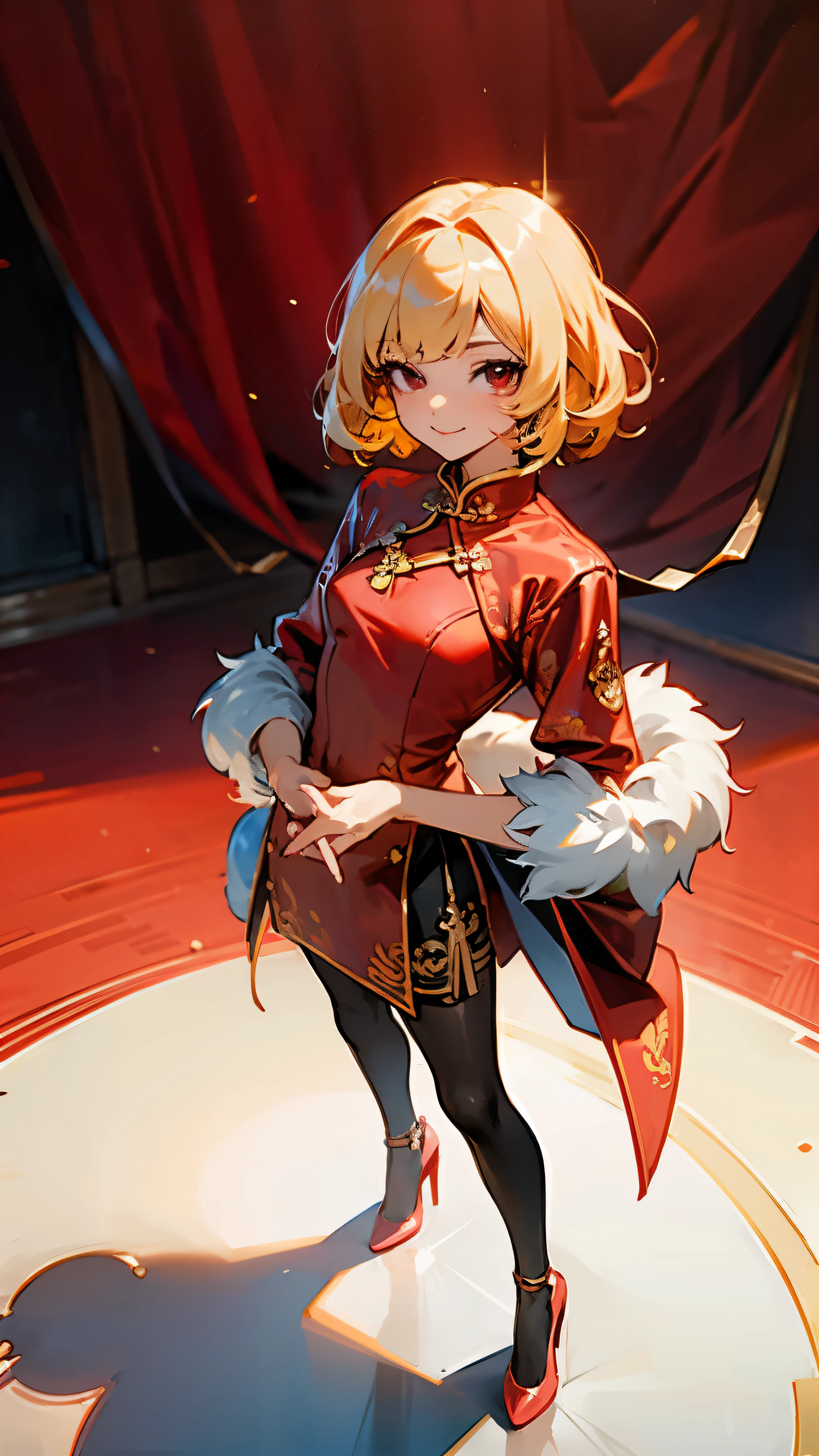 masterpiece、　highest quality、　high detail、　anime style、　small breasts、　thin、　sexy、　cute、　Angle from above、　whole body、　Standing picture、　blonde、　Bob with loose perm、　red eyes、　sparkling eyes、　red cheongsam、　black pantyhose、　red pumps　bewitching smile、　