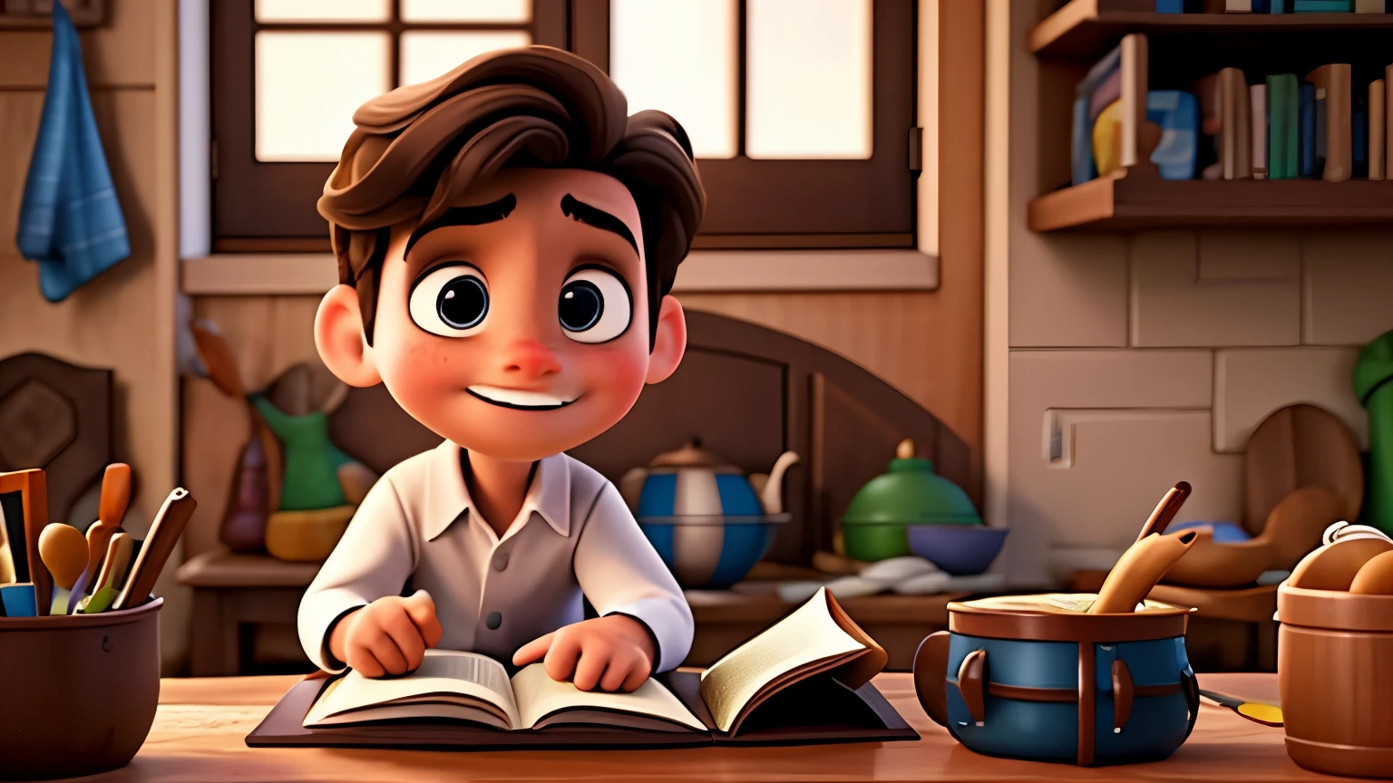 Over-the-shoulder shot of A white little boy brown hair sitting at the kitchen table, flipping through his favorite book of adventure tales. The camera captures Junaid's focused expression as he turns the pages, immersed in the stories within the book. Disney Pixar 