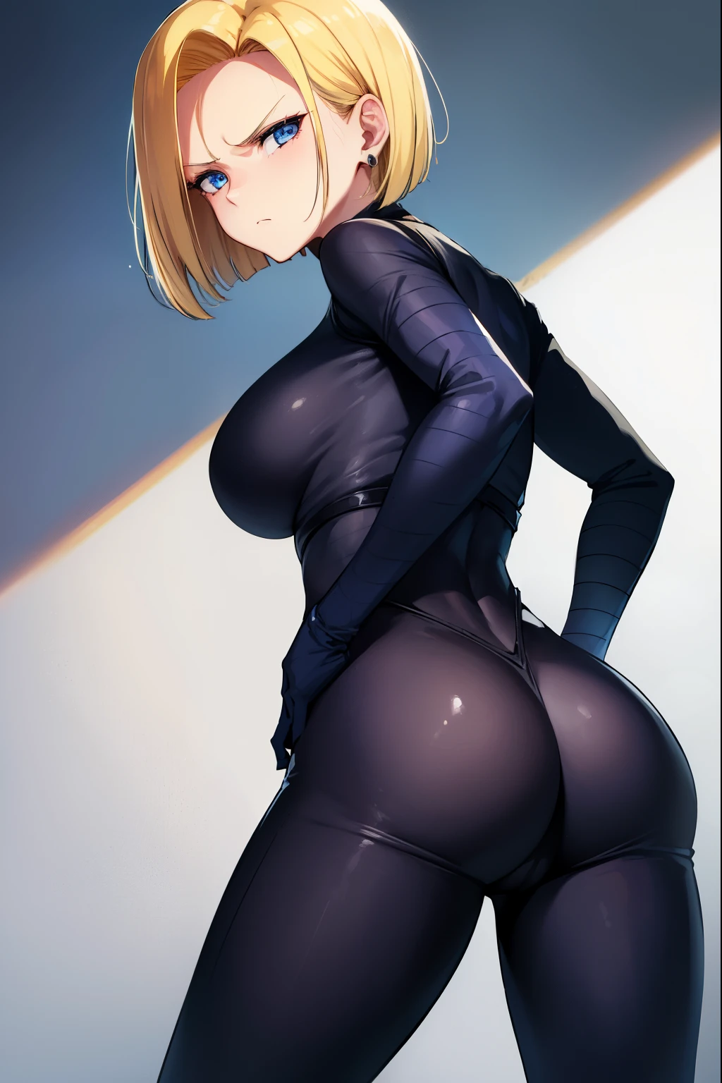 highest quality, High resolution, AND18, 1 girl, android 18, alone, golden hair, blue eyes, short hair,earrings,big breasts, frown,troubled face, Sweat,1 girl, Black tight suit, streak,looking at the viewer,thrust one&#39;s butt at the viewer,backwards