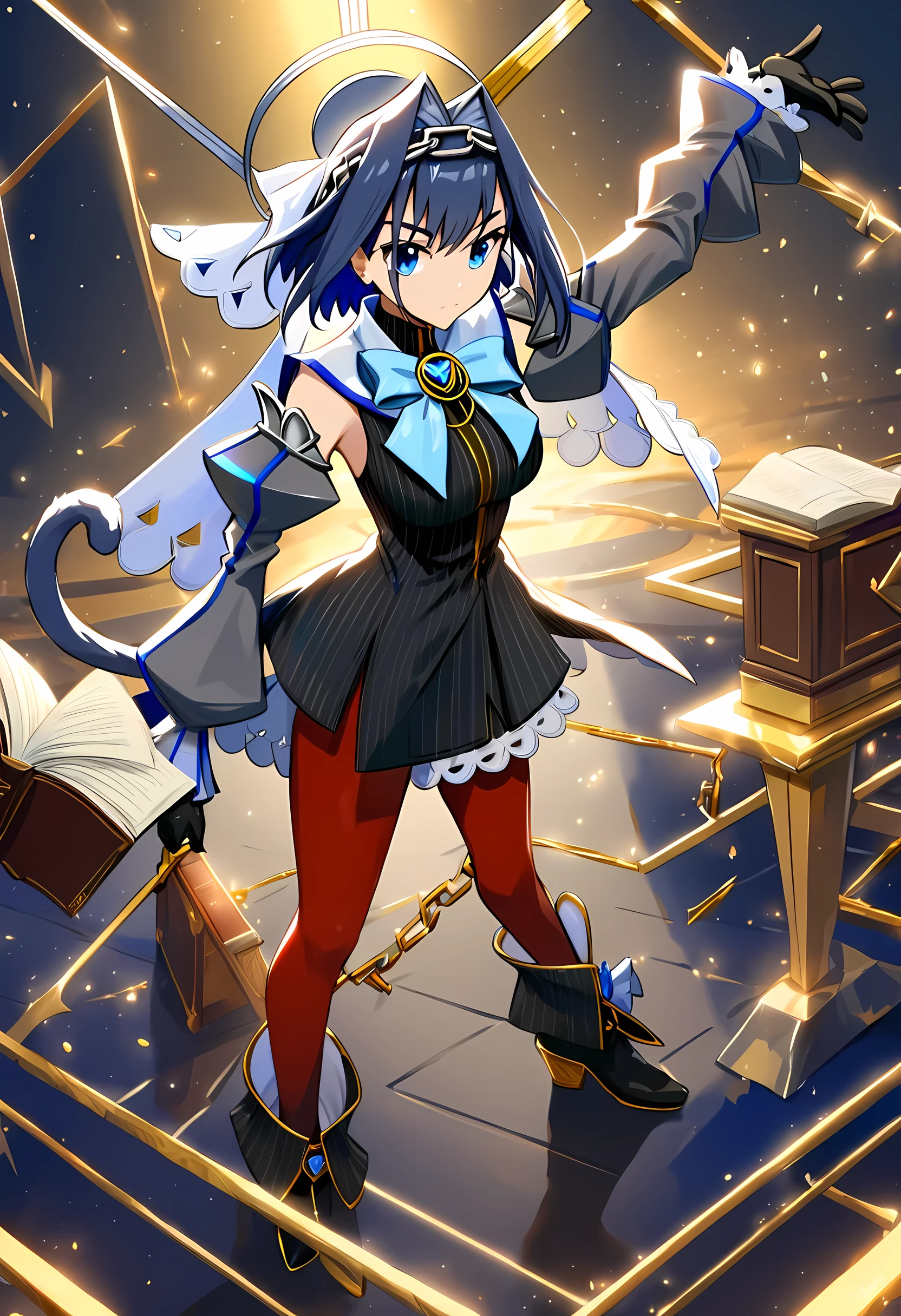 Kim Croney/(Holographic live broadcast/),origin, 1 girl, alone, raise arms, chain, Book, cat tail, long sleeves, look at the audience, pantyhose, artist name, 黑Gloves, red pantyhose, boots, Gloves, skirt, black footwear, Permanently installed, 黑skirt