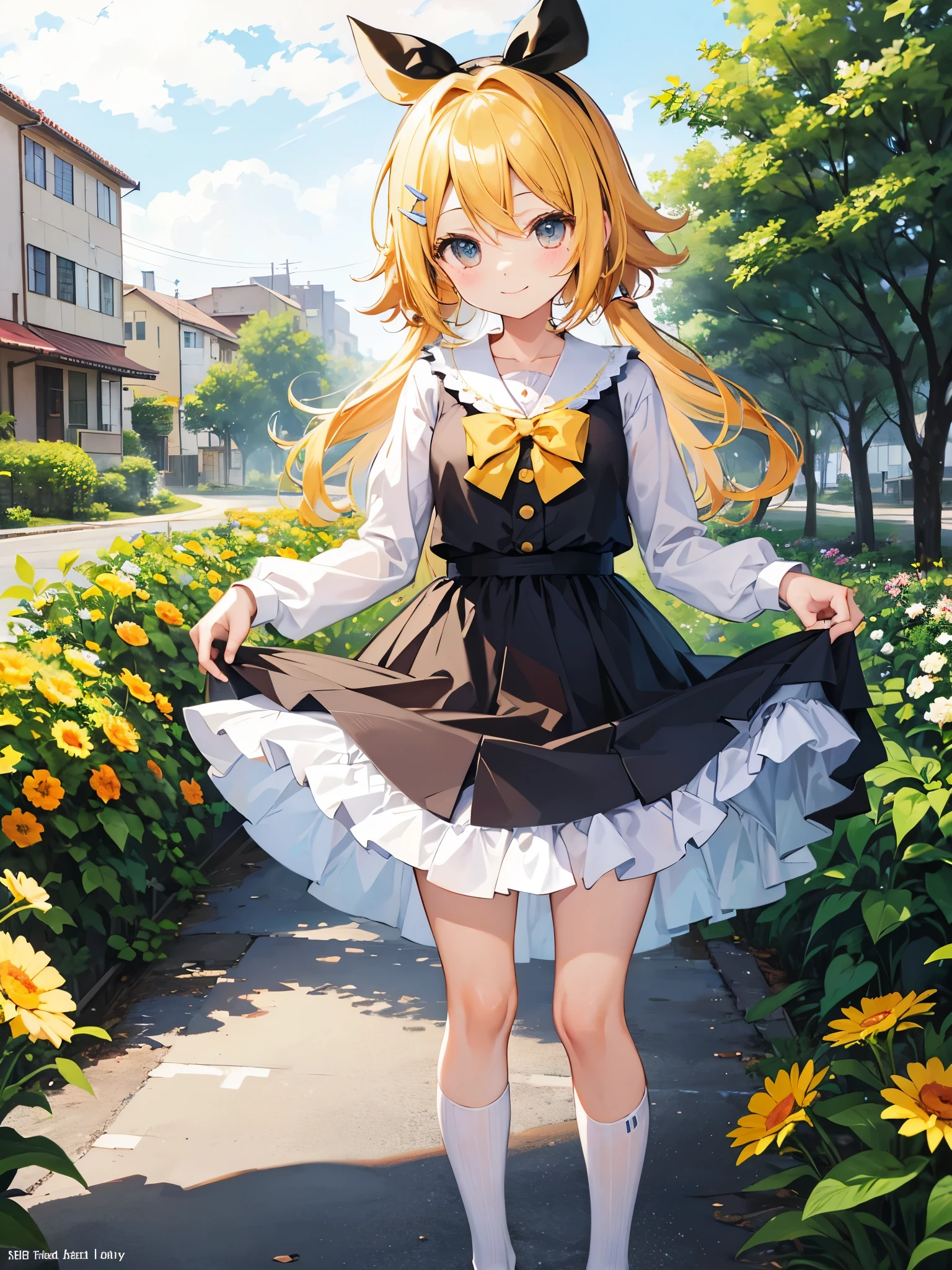 highest quality、CG、4k、Kagamine rin、whole body、morning、smile、shyness、garden、lift up skirt、Skirt flip。lift up skirt skirt lift