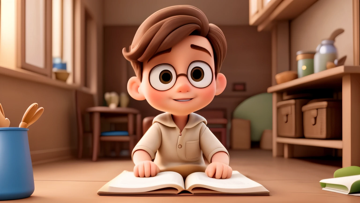 Over-the-shoulder shot of A white brown hair sitting at the kitchen table, flipping through his favorite book of adventure tales. The camera captures Junaid's focused expression as he turns the pages, immersed in the stories within the book. Disney Pixar