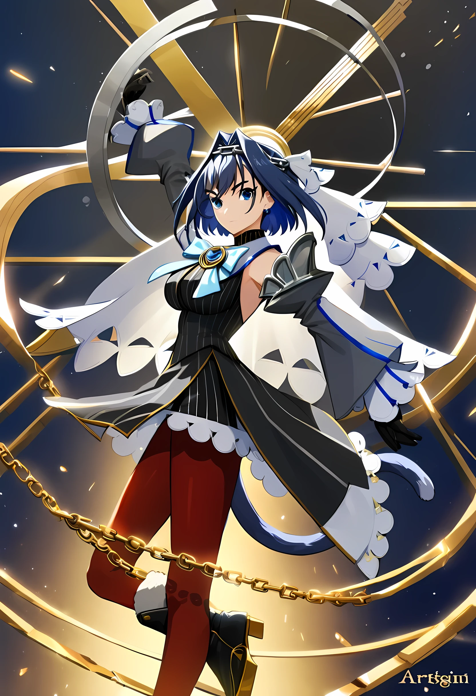 Kim Croney/(Holographic live broadcast/),origin, 1 girl, alone, raise arms, chain, Book, cat tail, long sleeves, look at the audience, pantyhose, artist name, 黑Gloves, red pantyhose, boots, Gloves, skirt, black footwear, Permanently installed, 黑skirt