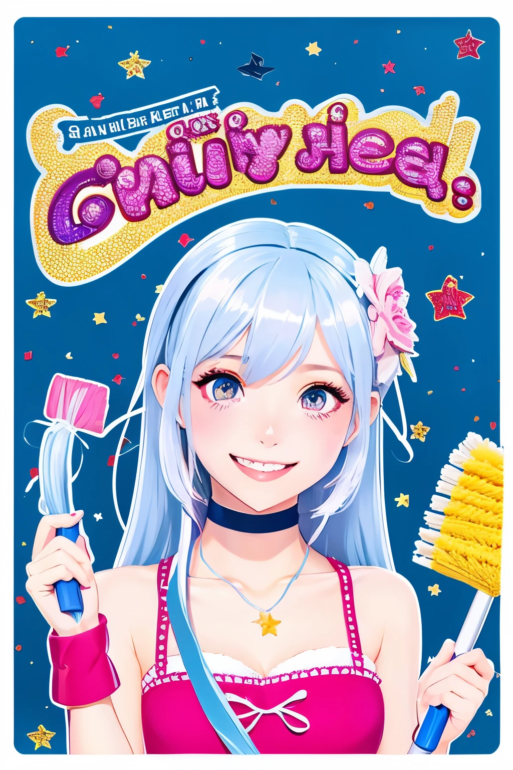 Maid、silver hair、woman、odd eye、cute、beautiful woman、anime character、18-year-old、smile、Cleaning with a mop、Two dimensions、Cartoon Characters、An illustration、half side up、Mel Kishida