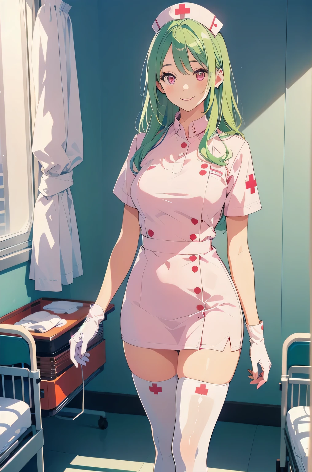1 female, alone, nurse, white nurse cap, white nurse uniform, ((white legwear, zettai ryouiki)), white gloves, amount, long hair, green hair, pink eyes, pink lips, smile, Are standing, ((hospital room)), sharp outline, short sleeve, mature woman, 35 years old, highest quality, masterpiece