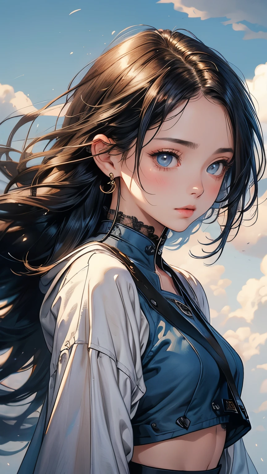 close up woman with magic hair walking,long blue sleeve crop top with under it ablouse,afarre, detailed eyes,sweet, nice, soft art, art of wlop,hyperrealistic luis royo, inspired by Trevor Brown, ulzzang, cascading, fully clothed, zhong lin, gold clouds,brown sky, skyline background, front perspective, looking at viewer, background filled with clouds