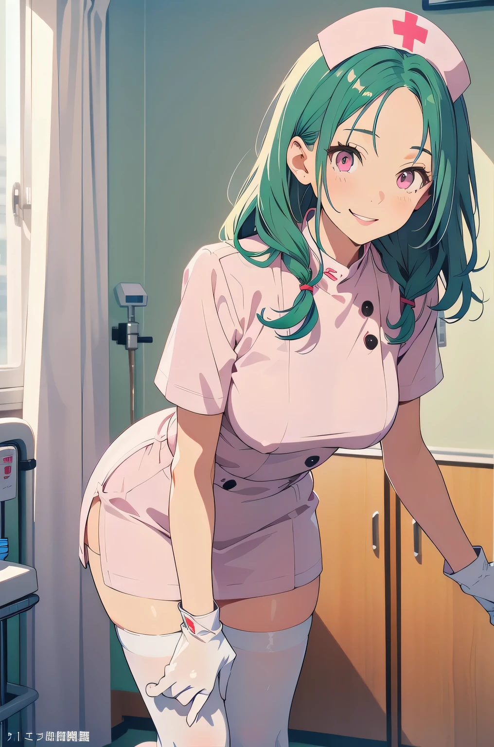 1 female, alone, nurse, white nurse cap, white nurse uniform, ((white legwear, zettai ryouiki)), white gloves, amount, long hair, green hair, pink eyes, pink lips, smile, Are standing, ((hospital room)), sharp outline, short sleeve, mature woman, 35 years old, highest quality, masterpiece