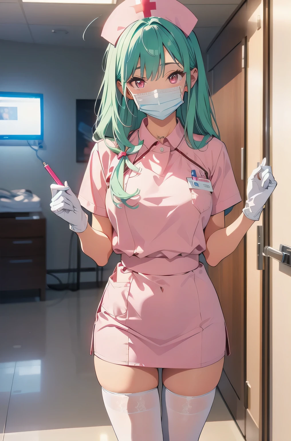 1 female, alone, nurse, white nurse cap, white nurse uniform, ((white legwear, zettai ryouiki)), white gloves, amount, long hair, green hair, pink eyes, ((white surgical mask, covered nose)), Are standing, ((hospital room)), sharp outline, short sleeve, mature woman, 35 years old, highest quality, masterpiece