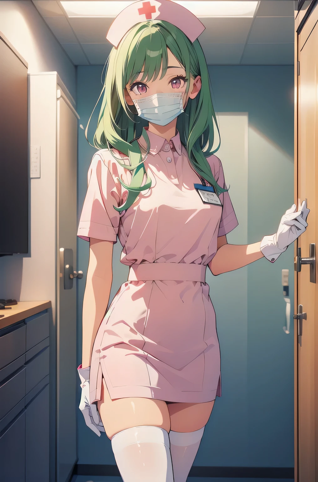 1 female, alone, nurse, white nurse cap, white nurse uniform, ((white legwear, zettai ryouiki)), white gloves, amount, long hair, green hair, pink eyes, ((white surgical mask, covered nose)), Are standing, ((hospital room)), sharp outline, short sleeve, mature woman, 35 years old, highest quality, masterpiece