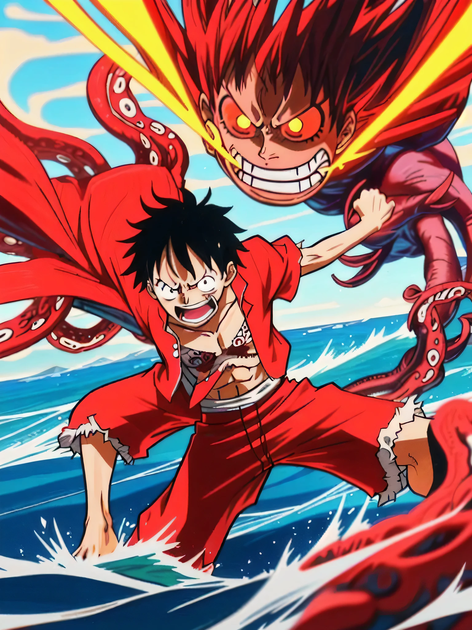 Design an exciting Luffy-themed poster "piece" anger中. when he is angry with his enemies，Capturing the essence of his determination and tenacity. Keep it short, bold, Strongly conveys Luffy&#39;s raw power&#39;anger..The background is the sea and the octopus monster。