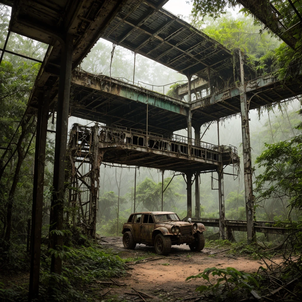 An abandoned mech lies in a desolate wasteland, covered in rust and overgrown with vines. The massive metal structure stands tall, imposing and filled with intricate details. The weathered exterior showcases faded paints and worn textures, a testament to its age and neglect. As the sunlight filters through the broken canopy, it reveals a cockpit adorned with cracked glass and remnants of control panels. The surrounding landscape, once a lively city, now lies in ruins with crumbling buildings and twisted metal. The color palette is dominated by desaturated tones, with hints of muted greens and browns from the encroaching vegetation. The scene is bathed in a dim, melancholic atmosphere with soft rays of light peeking through the clouds.