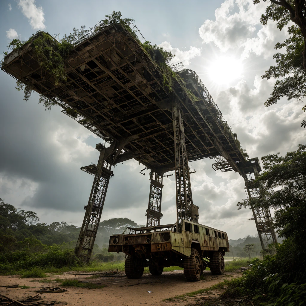 An abandoned mech lies in a desolate wasteland, covered in rust and overgrown with vines. The massive metal structure stands tall, imposing and filled with intricate details. The weathered exterior showcases faded paints and worn textures, a testament to its age and neglect. As the sunlight filters through the broken canopy, it reveals a cockpit adorned with cracked glass and remnants of control panels. The surrounding landscape, once a lively city, now lies in ruins with crumbling buildings and twisted metal. The color palette is dominated by desaturated tones, with hints of muted greens and browns from the encroaching vegetation. The scene is bathed in a dim, melancholic atmosphere with soft rays of light peeking through the clouds.