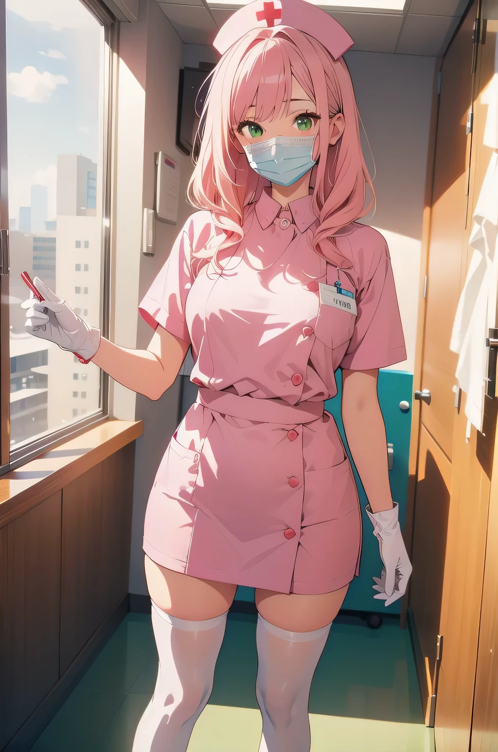1 female, alone, nurse, white nurse cap, white nurse uniform, ((white legwear, zettai ryouiki)), white gloves, pink hair, green eyes, droopy eyes, ((white surgical mask, covered nose)), Are standing, ((hospital room)), sharp outline, short sleeve, mature woman, 32 years old, highest quality, masterpiece