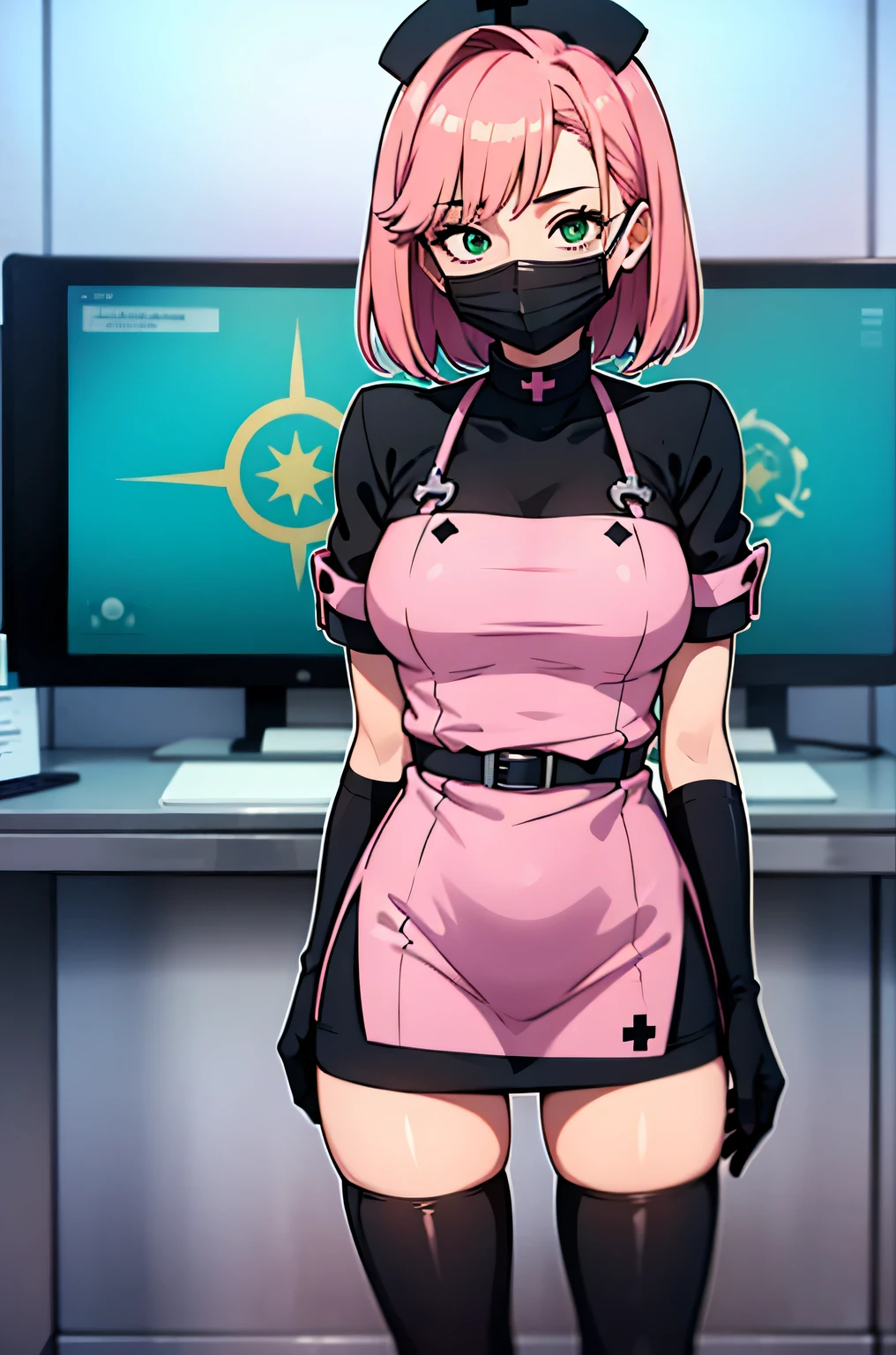 black nurse, 1 girl, alone, black nurse cap, black nurse uniform, ((black legwear, zettai ryouiki)), black elbow gloves, pink hair, green eyes, droopy eyes, ((black surgical mask, covered nose)), Are standing, ((operating room)), sharp outline, short sleeve, highest quality, masterpiece