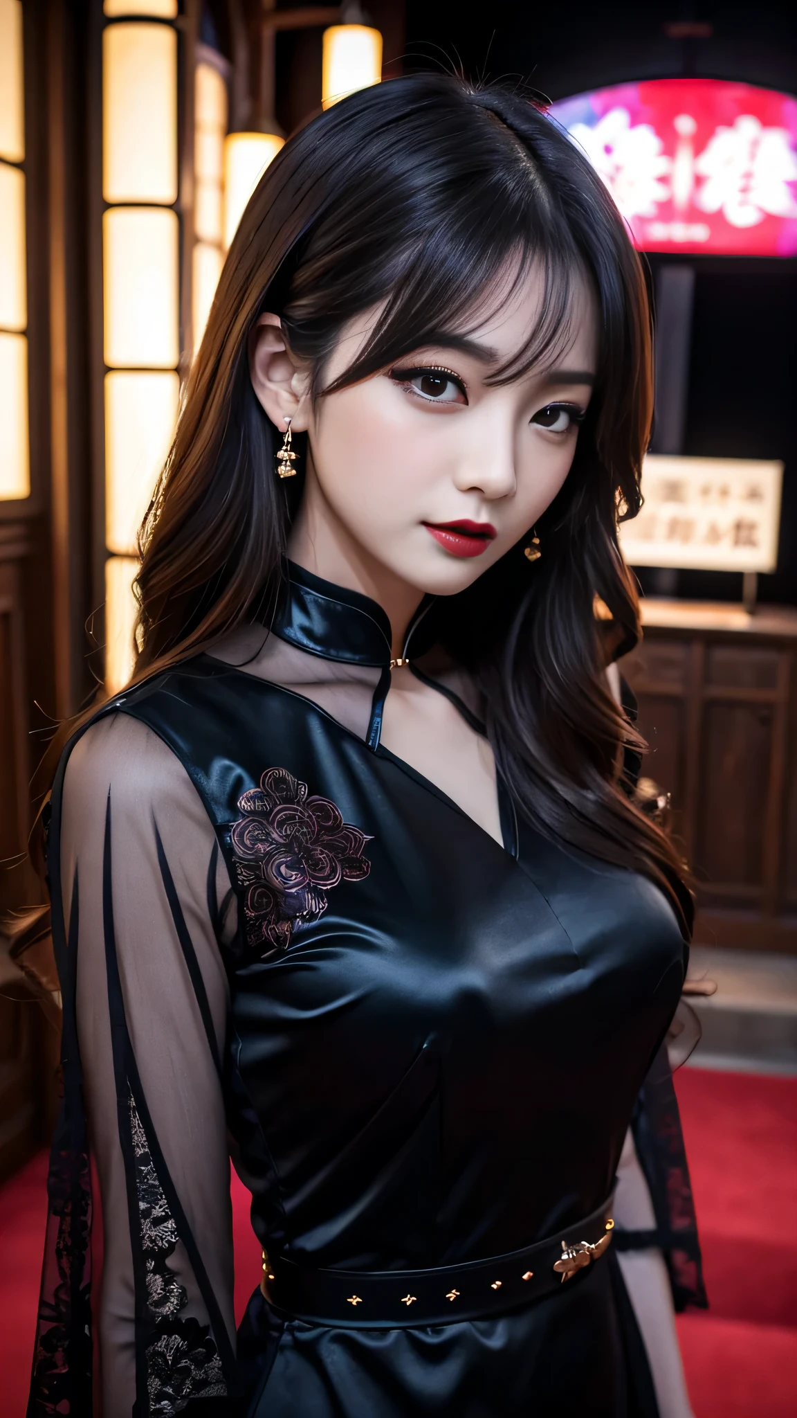 Super detailed、Japanese、charming beauty、seductive adult woman、Beautiful woman、sharp eyes、cool girl、wavy hair、long black cheongsam、wide sleeve、evilの幹部、evil depravity、brainwashing、Mind control、lipstick、grin、evilな表情、evil、empty eyes、evil、church at night、vampire、vampire、Hypnosis、brainwashinging、Contrasting、makeup brush