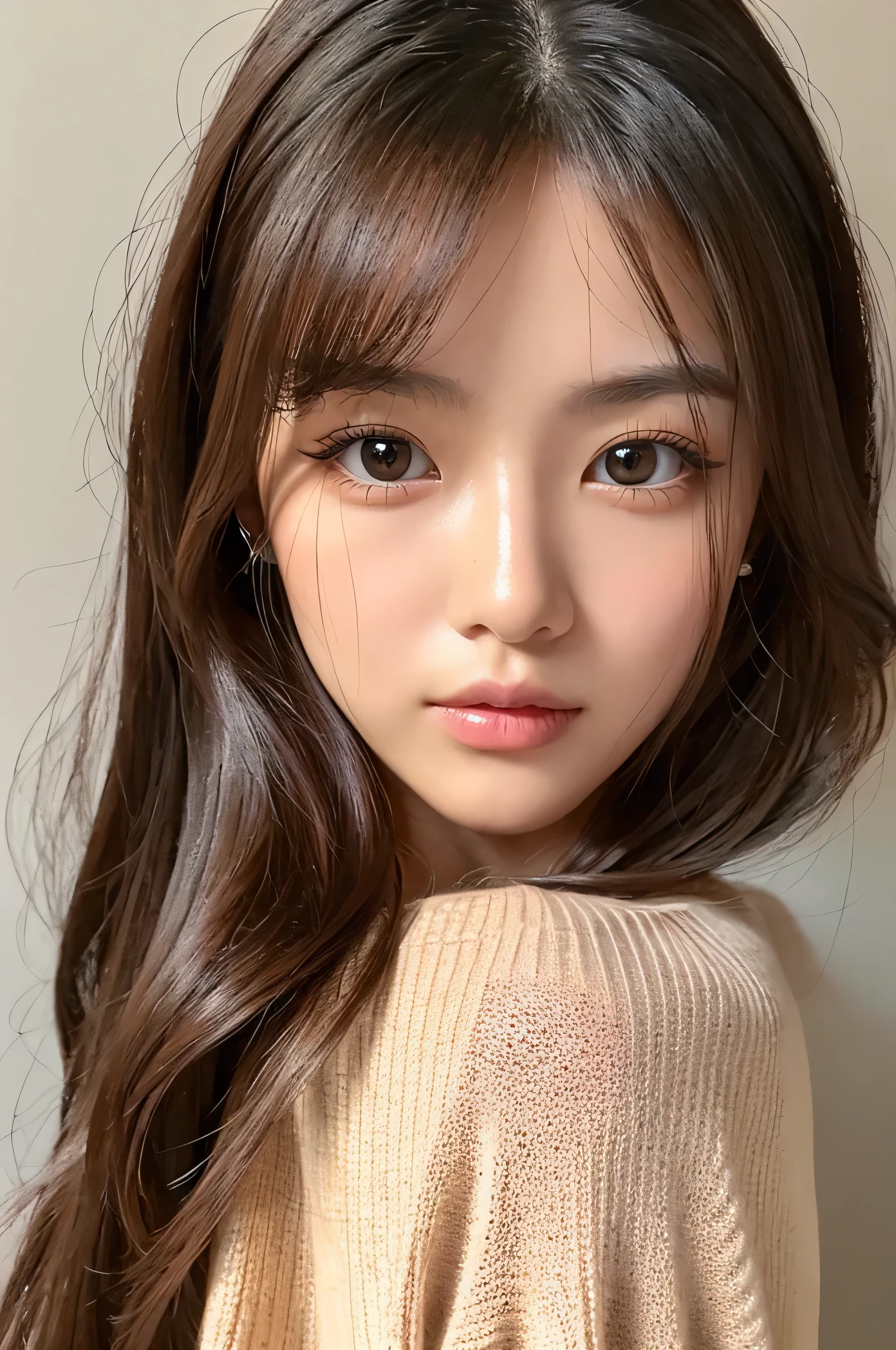 woman、super detailed face、double eyelid, medium hair、No bangs、clear eyes、knit sweater、Glossy skin, small head、whole body