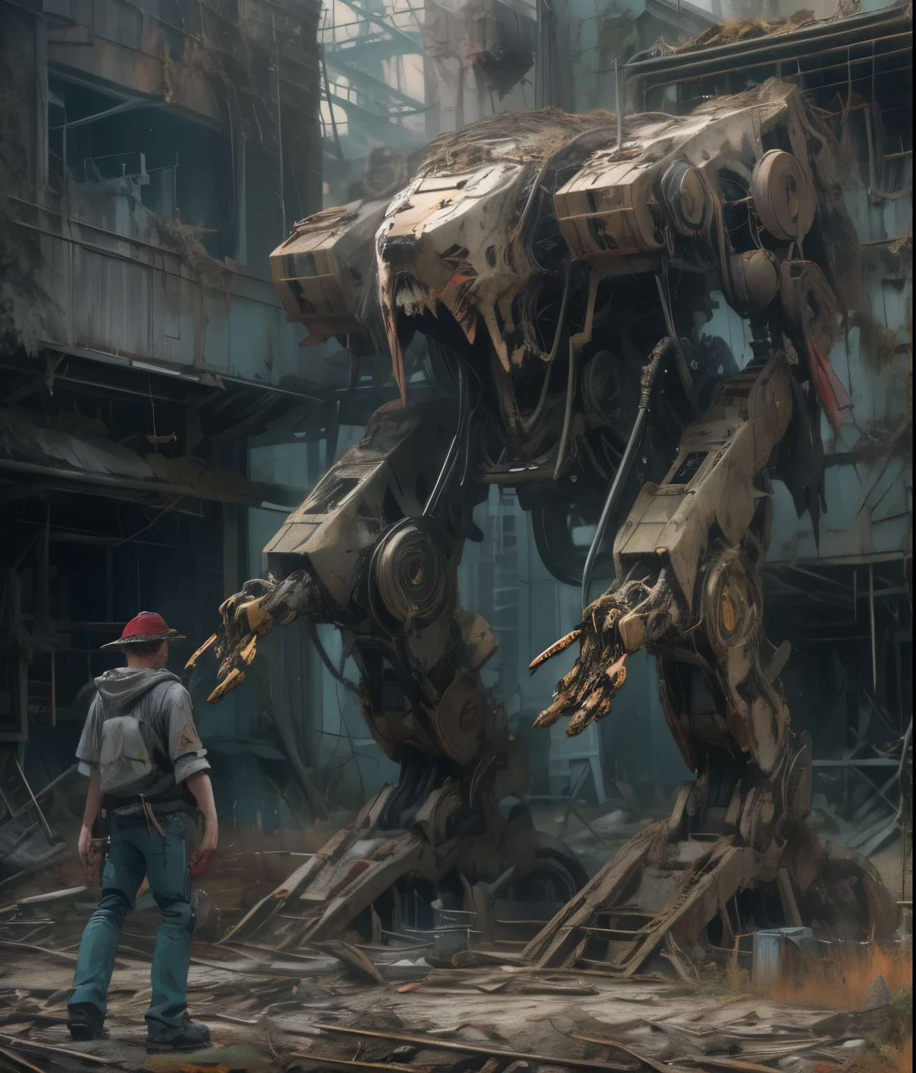 (masterpiece, best quality:1.4), deserted, 8k, full-body shot,medium shot, Overgrown, abandoned建筑, end of the world， post-apocalyptic, a, asphalt, rust, dusty, huge，（Mechanical arm、mechanical body、Mechanical head、Mechanical lower body:1.5、Mechanical legs、Sense of abandonment），huge机甲, most detailed, Extremely detailed, Super detailed, fine details，Huge feeling，（Abandoned mech:1.5、abandoned:1.57、Stale feeling:1.5）