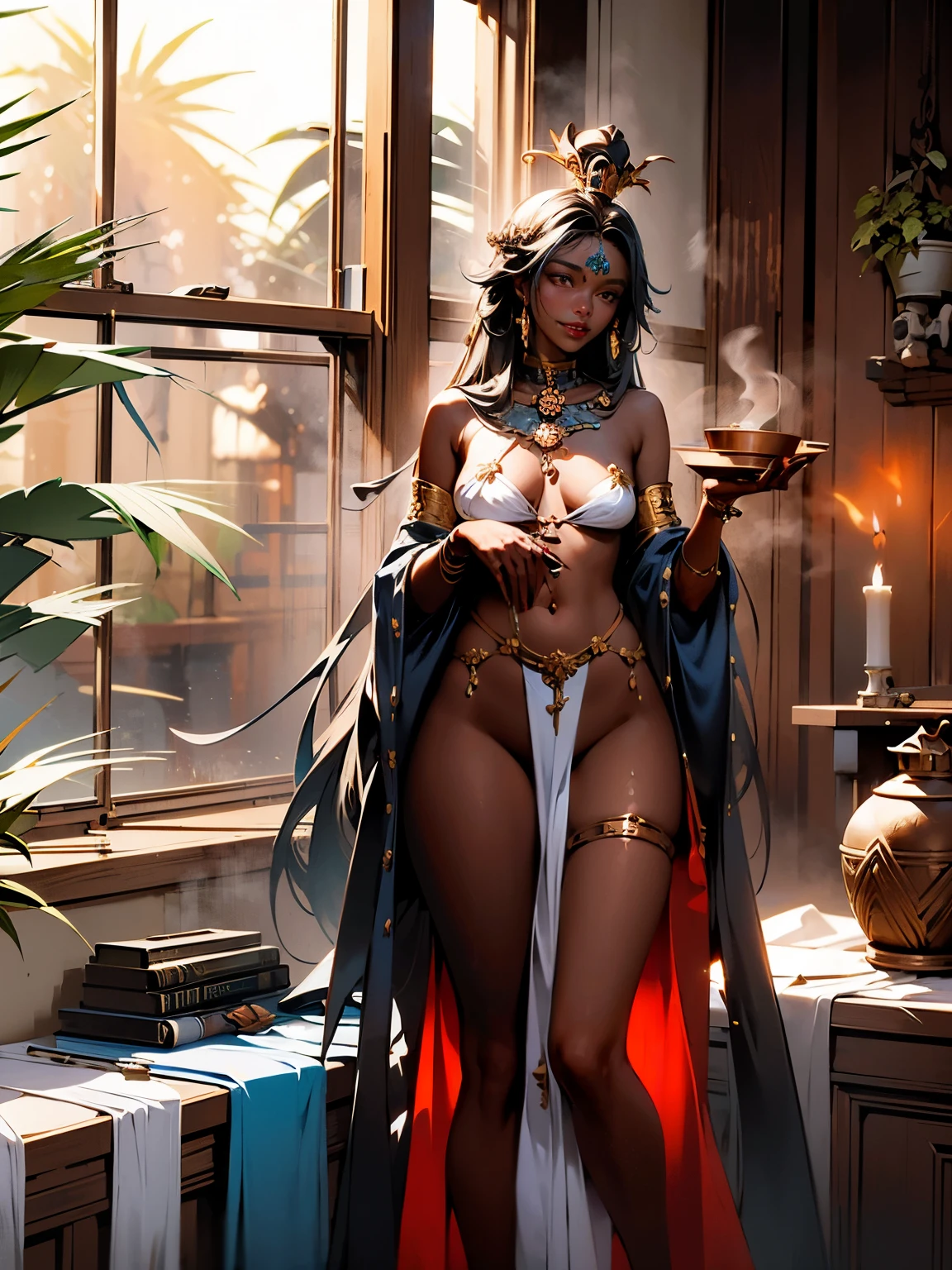 there is a (very short and plump) beautiful young aroused immature dark-skinned Haitian ((Voodoo priestess)) with long indigo hair sitting in windowsill leaning against bookshelf while holding (tall ornate bronzed snake staff), (panting erotic expression) in a ritual prayer room, (mess of herbal joints and moka_pot beside her on desk), (wearing luxurious silk Voodoo priestess robes with crown and bandage wraps around body, (very small flat breasts) and dainty navel piercing), (wearing (copper snake necklace) and copper snake bracelets), (wearing detailed leather gloves), (copious incense and tall candles burning in background), (overgrown potted cannabis sativa plants and holy basil plants), (plump legs, hairy pubes), (tiger sleeping outside of large window during golden sunrise), (perfect face, perfect detailed hands, perfect detailed feet, masterpiece, 4k, professional, detailed background)