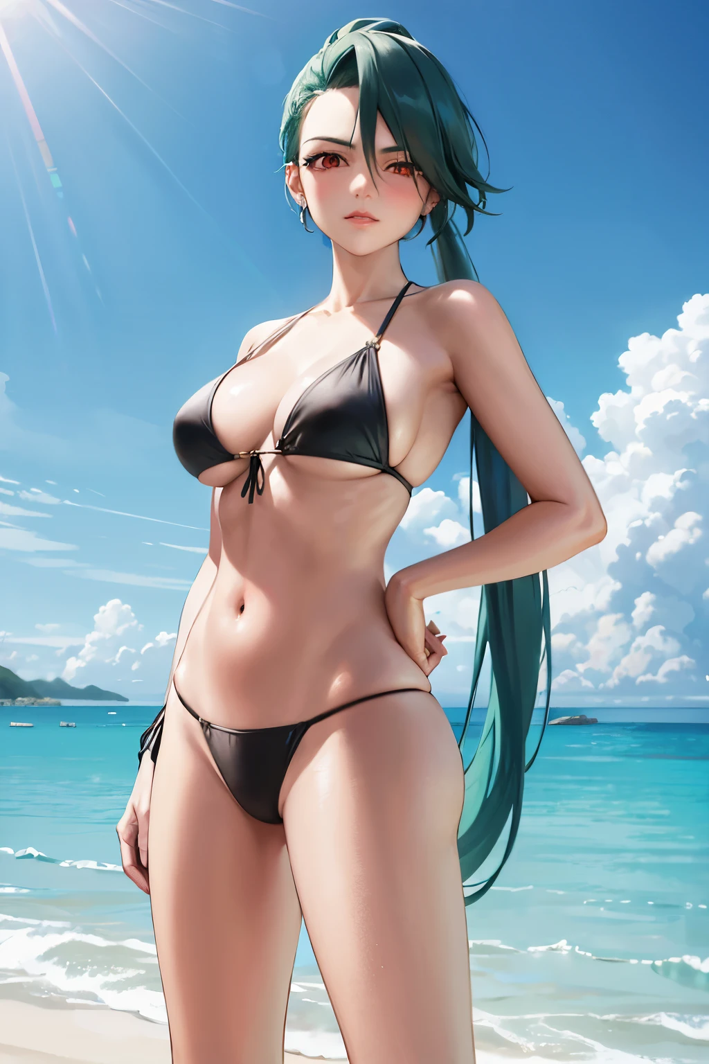 Close-up of a woman in a bikini on the beach, long green hair woman, Red-eyed woman, ponytail, solo, seductive anime woman, realistic bikini, anime best women, cool woman, bikini with an black top, bikini withan black bottom, big breasts, woman with very large breasts, tits, detailed digital anime art, clean detailed anime art, whole body, highly detailed art germ, in a triangle bikini, tall woman, adult sex appeal, cool atmosphere, (anime girl), beautiful anime woman, a woman is standing, anime woman, female focus, 