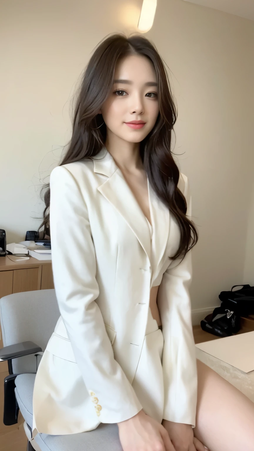 ((top-quality、8k、​masterpiece:1.3))、Beautiful woman with perfect body:1.4、slim abdomen:1.2、Longhair, normal breast, Highly detailed facial and skin texture, A detailed eye, delicate eyes, double eyelid, (smile), (full body shot), ((office)), (sitting on chair), ((wearing white uniform with white coat)), looking in front