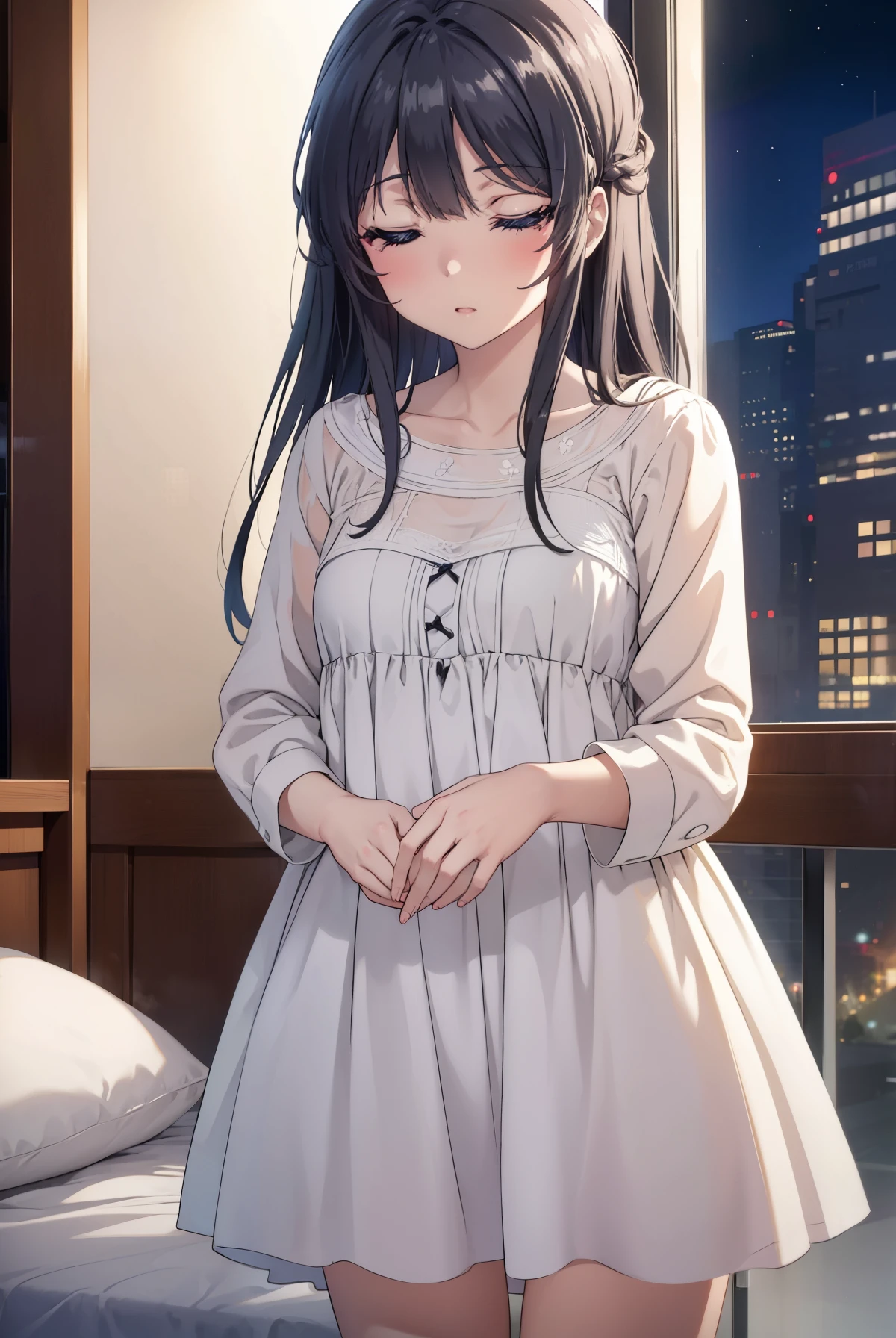 maisakurajima, Mai Sakurajima, long hair, bangs, sleeping with both eyes closed,windows，romantic starry sky，A meteor crosses,pink nightgown,white string underwear,sleeping on the bed,night,sleep with your head on the pillow,dark room,night, moonlight,
break indoors, Bedroom,
break looking at viewer, (cowboy shot:1.5),
break (masterpiece:1.2), highest quality, High resolution, unity 8k wallpaper, (figure:0.8), highly detailed face, perfect lighting, Very detailed CG, (perfect hands, perfect anatomy),