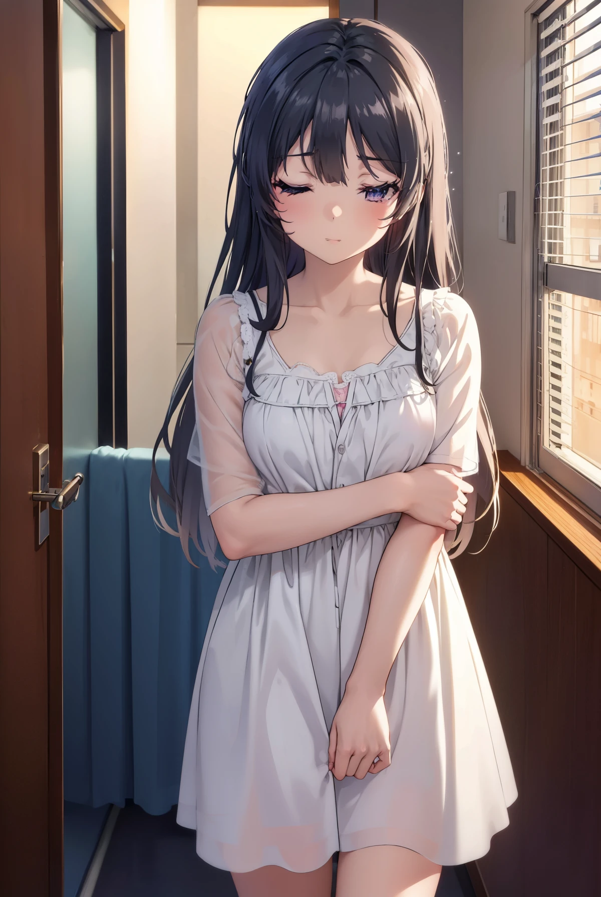 maisakurajima, Mai Sakurajima, long hair, bangs, sleeping with both eyes closed,windows，romantic starry sky，A meteor crosses,pink nightgown,white string underwear,sleeping on the bed,night,sleep with your head on the pillow,dark room,night, moonlight,
break indoors, Bedroom,
break looking at viewer, (cowboy shot:1.5),
break (masterpiece:1.2), highest quality, High resolution, unity 8k wallpaper, (figure:0.8), highly detailed face, perfect lighting, Very detailed CG, (perfect hands, perfect anatomy),