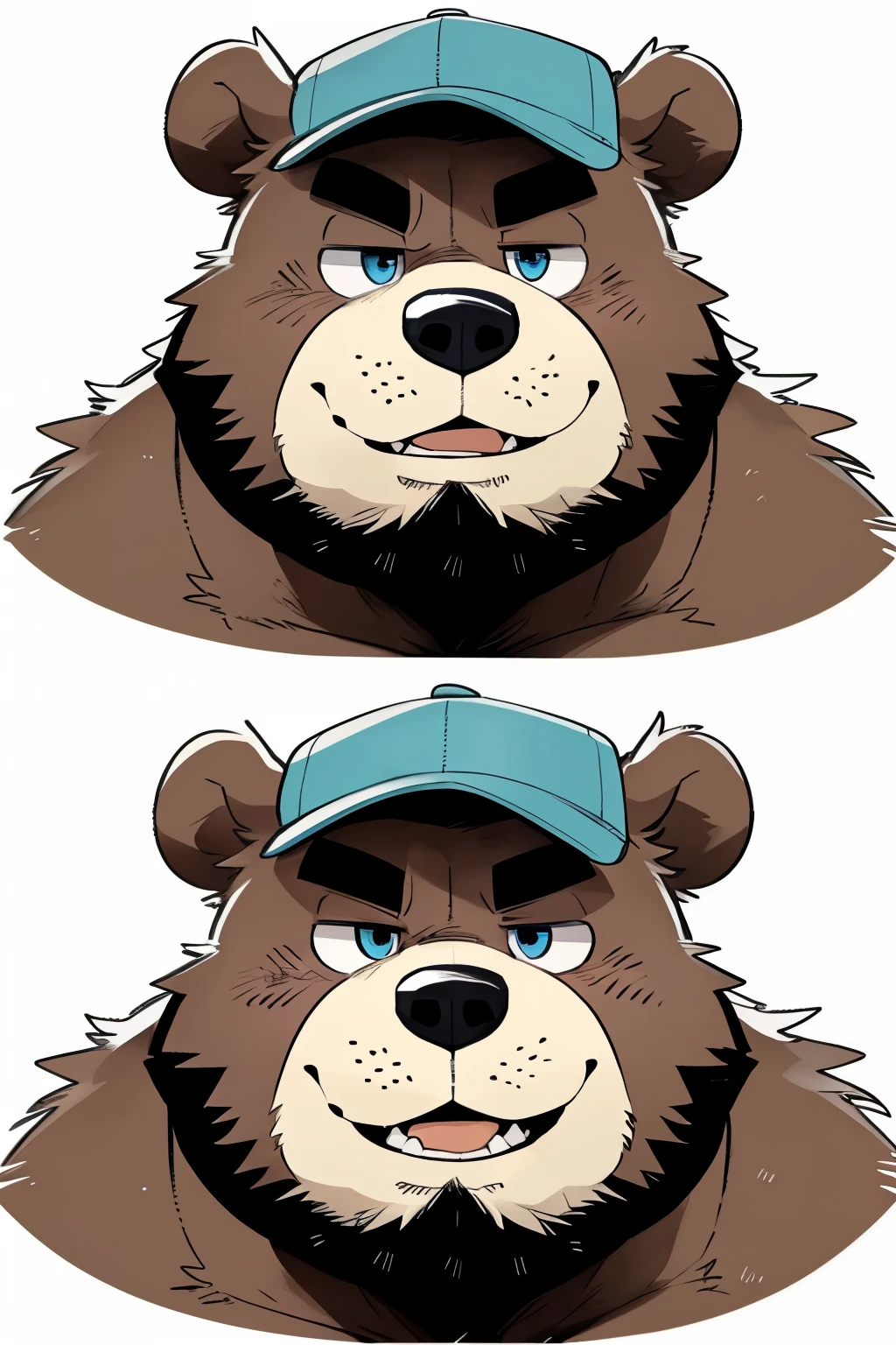 solo, Chubby, furry,male , (((with cap))), ((anthro bear, very plump, middle aged, very plump face , very fat face, very big face, very round face)) , no beard under nose,Thick beard, (((much beard))), seductive , detailed , extremely hot and sexy, clear detailed expressions (detailed eyes and mouth), (((medium shot, features))), ((( Stick figure))), (((portrait, headshot))), character sprite, cartoony, eye level camera, by hyaku ,by darkgem, by glitter trap boy, Face restoration (Perfect mouth，Correct mouth structure，perfect eyes，Correct eye structure), ((( correct lower lip)))