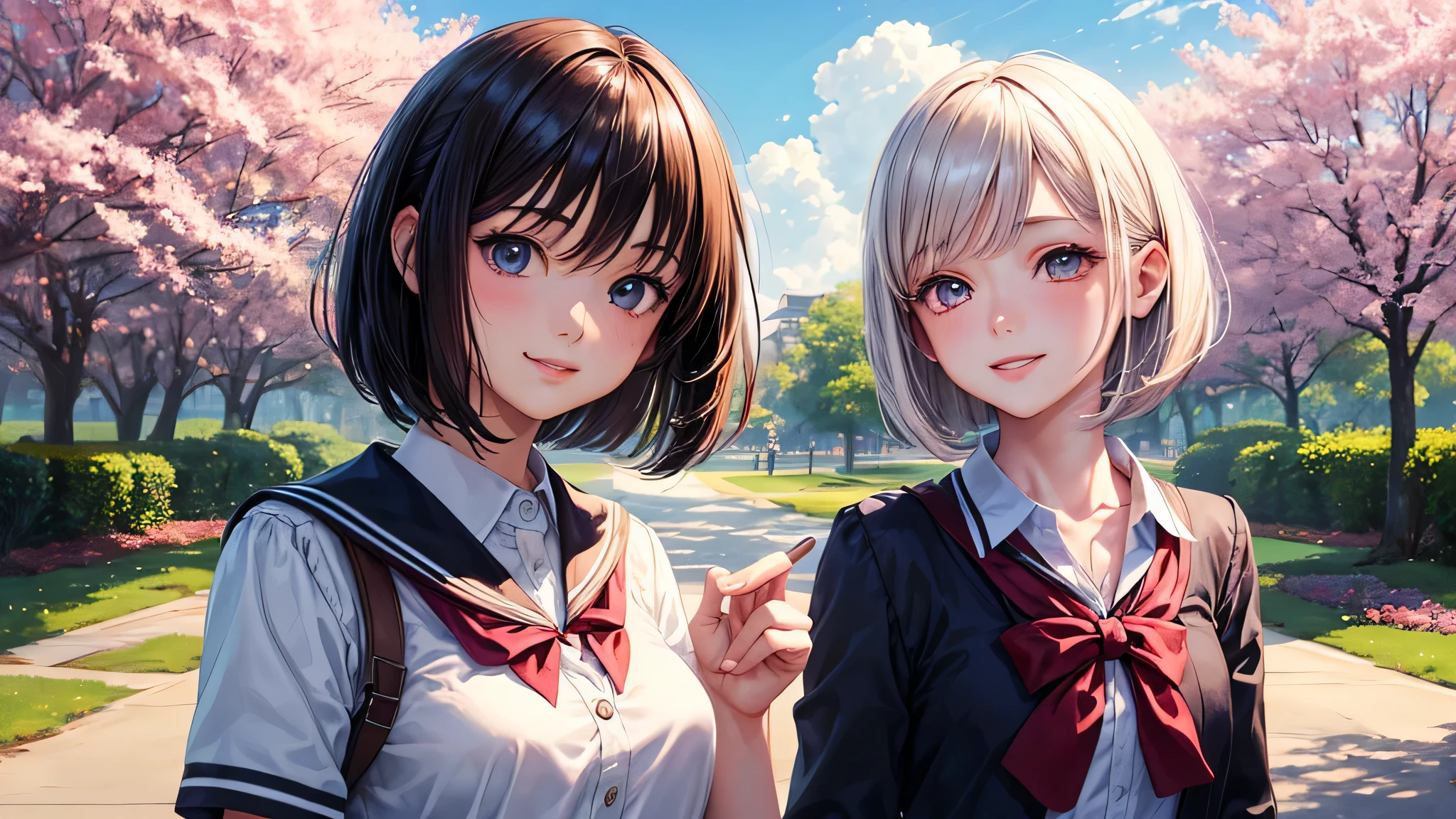 (2 girls:1.2), cute face, shining smile, (short bob hair), (school uniform, mini skirt:1.2), (highest quality: 1.4), (Super detailed), (highest quality:1.4), (super detailed), (lush park), Day光, cherry blossoms, Sunny, cloud, Day, blue sky, (anime illustration), very high resolution, (Upper body), close up face