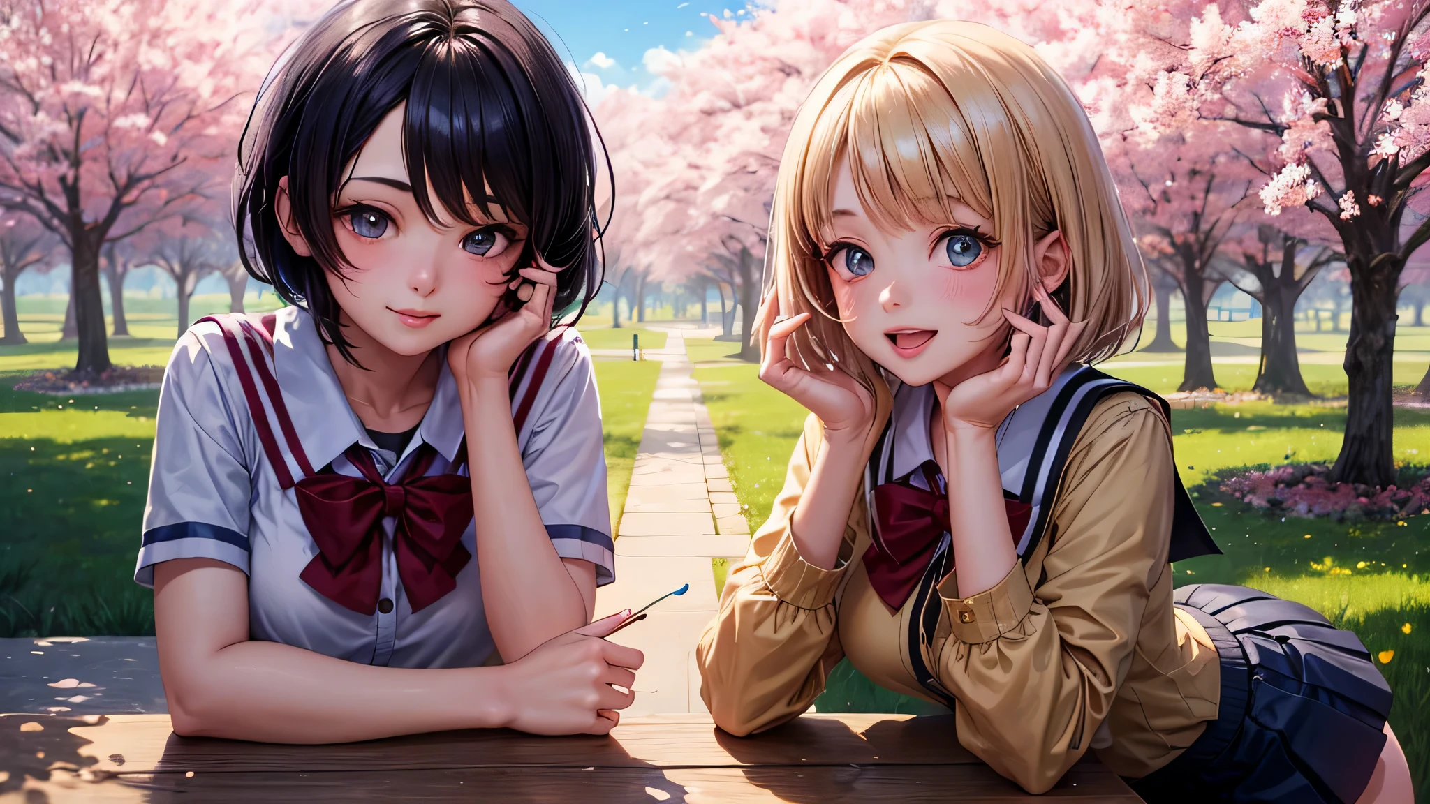 (2 girls:1.2), cute face, shining smile, (short bob hair), (school uniform, mini skirt:1.2), (highest quality: 1.4), (Super detailed), (highest quality:1.4), (super detailed), (lush park), Day光, cherry blossoms, Sunny, cloud, Day, blue sky, (anime illustration), very high resolution, (Upper body), close up face