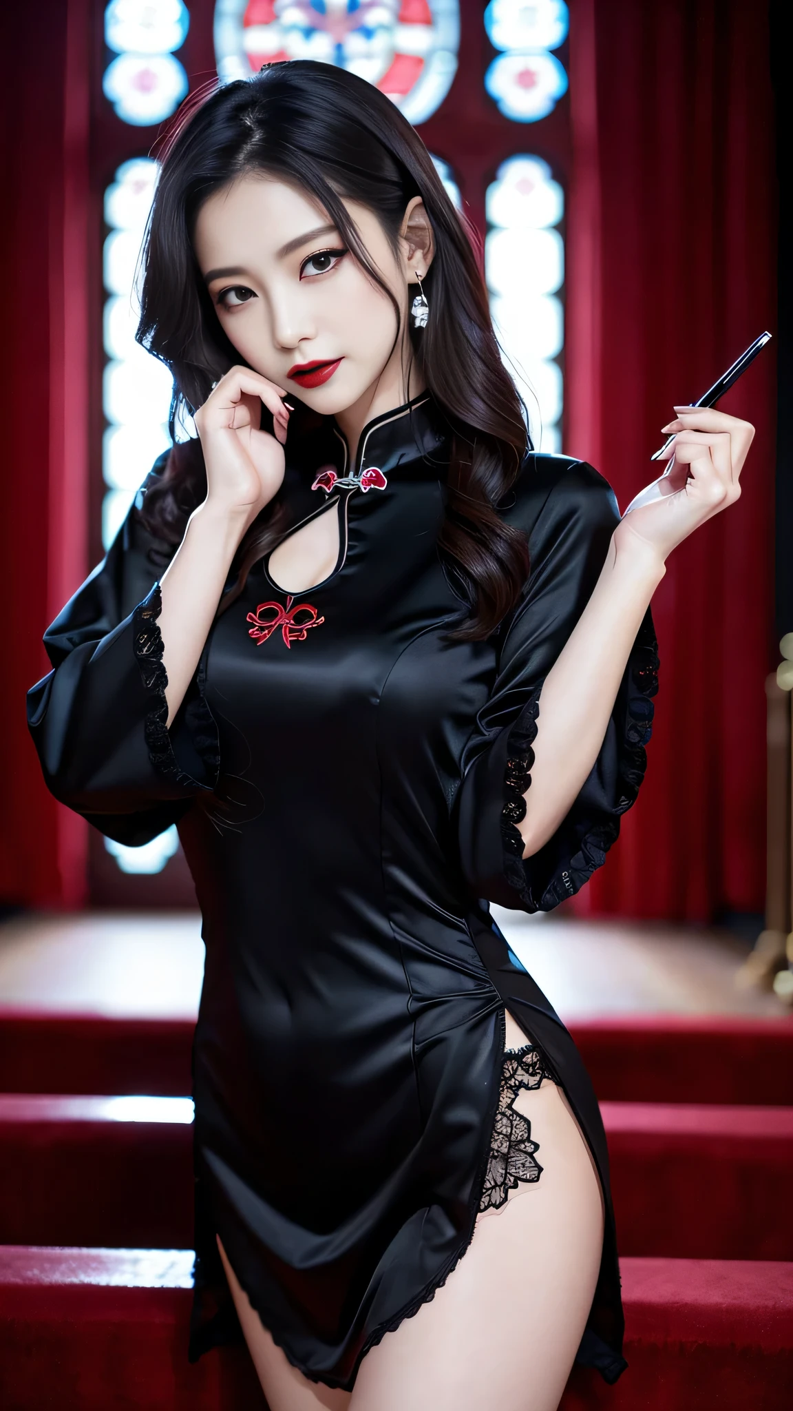 Super detailed、Japanese、charming beauty、seductive adult woman、Beautiful woman、sharp eyes、cool girl、wavy hair、long black cheongsam、wide sleeve、evilの幹部、evil depravity、brainwashing、Mind control、lipstick、grin、evilな表情、evil、empty eyes、evil、church at night、vampire、vampire、Hypnosis、brainwashinging、Contrasting、makeup brush