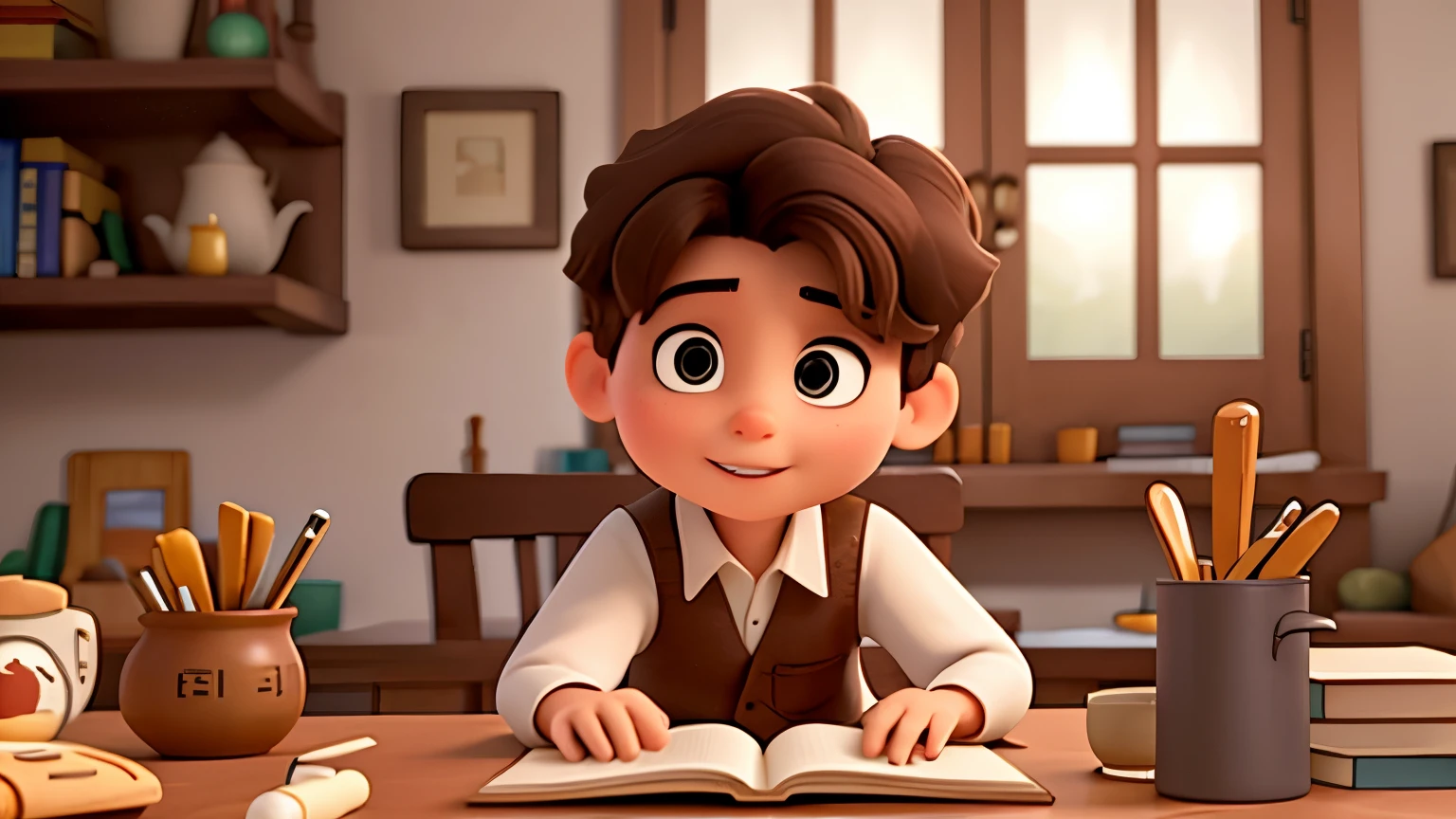 Over-the-shoulder shot of A white ********** brown hair sitting at the kitchen table, flipping through his favorite book of adventure tales. The camera captures Junaid's focused expression as he turns the pages, immersed in the stories within the book. Disney Pixar 