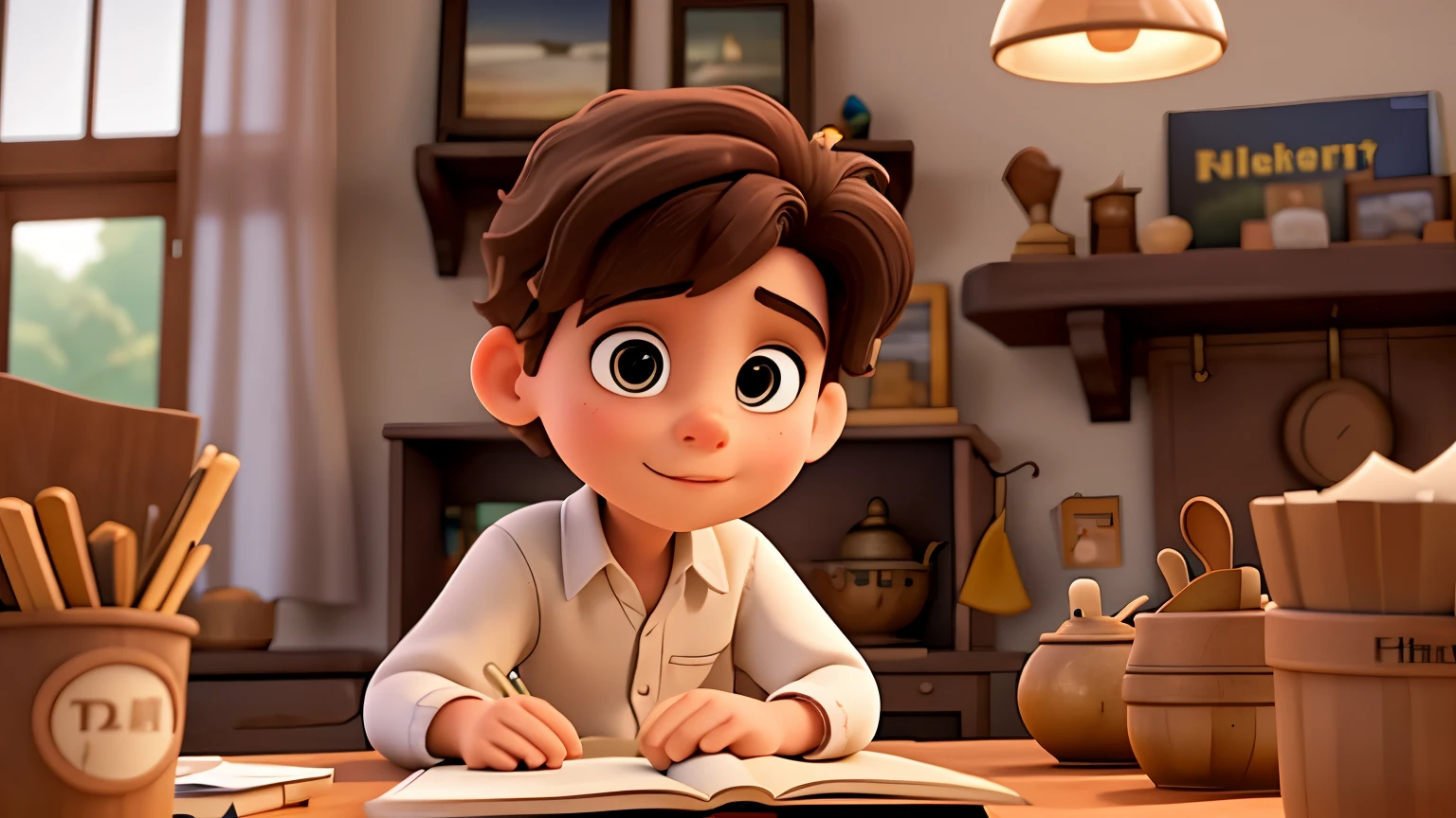 Over-the-shoulder shot of A white  brown hair sitting at the kitchen table, flipping through his favorite book of adventure tales. The camera captures Junaid's focused expression as he turns the pages, immersed in the stories within the book. Disney Pixar 