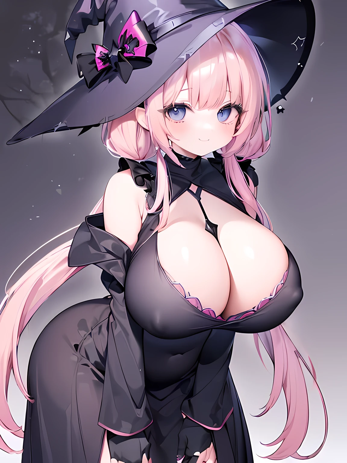 masterpiece,highest quality,(Super detailed),written boundary depth,perfect sentence, Detailed CG,Super detailed,(highly detailed eyes,very cute face,highly detailed face:1.3),beautiful anime girl,(solo girl:1.9),(super huge breasts:1.9),(pink hair,low twin tails:1.5),(light blue eyes:1.3),(smile full of joy:1.3),open your mouth,show viewer,break,(Black Witch's Robe,big witch hat:1.5),black capelet,Black slip dress,black elbow gloves,break,(spooky forest background:1.5),floating purple light,night,Crescent Moon,Beckon,Angle from the side,(Are standing,cowboy shot :1.5)