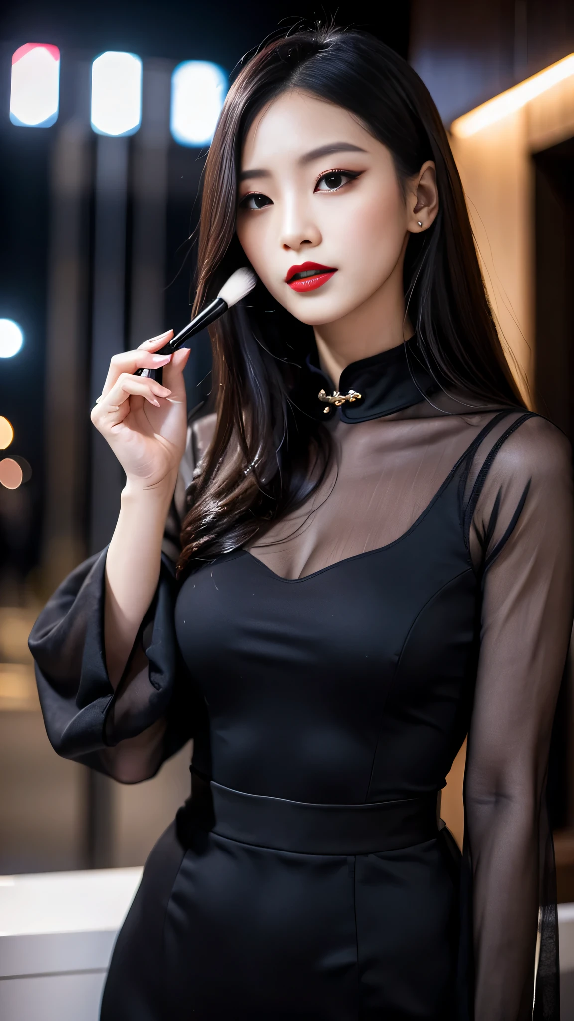 Super detailed、Japanese、charming beauty、seductive adult woman、Beautiful woman、sharp eyes、cool girl、wavy hair、long black cheongsam、wide sleeve、evilの幹部、evil depravity、brainwashing、Mind control、lipstick、grin、evilな表情、evil、empty eyes、evil、church at night、vampire、vampire、Hypnosis、brainwashinging、Contrasting、makeup brush