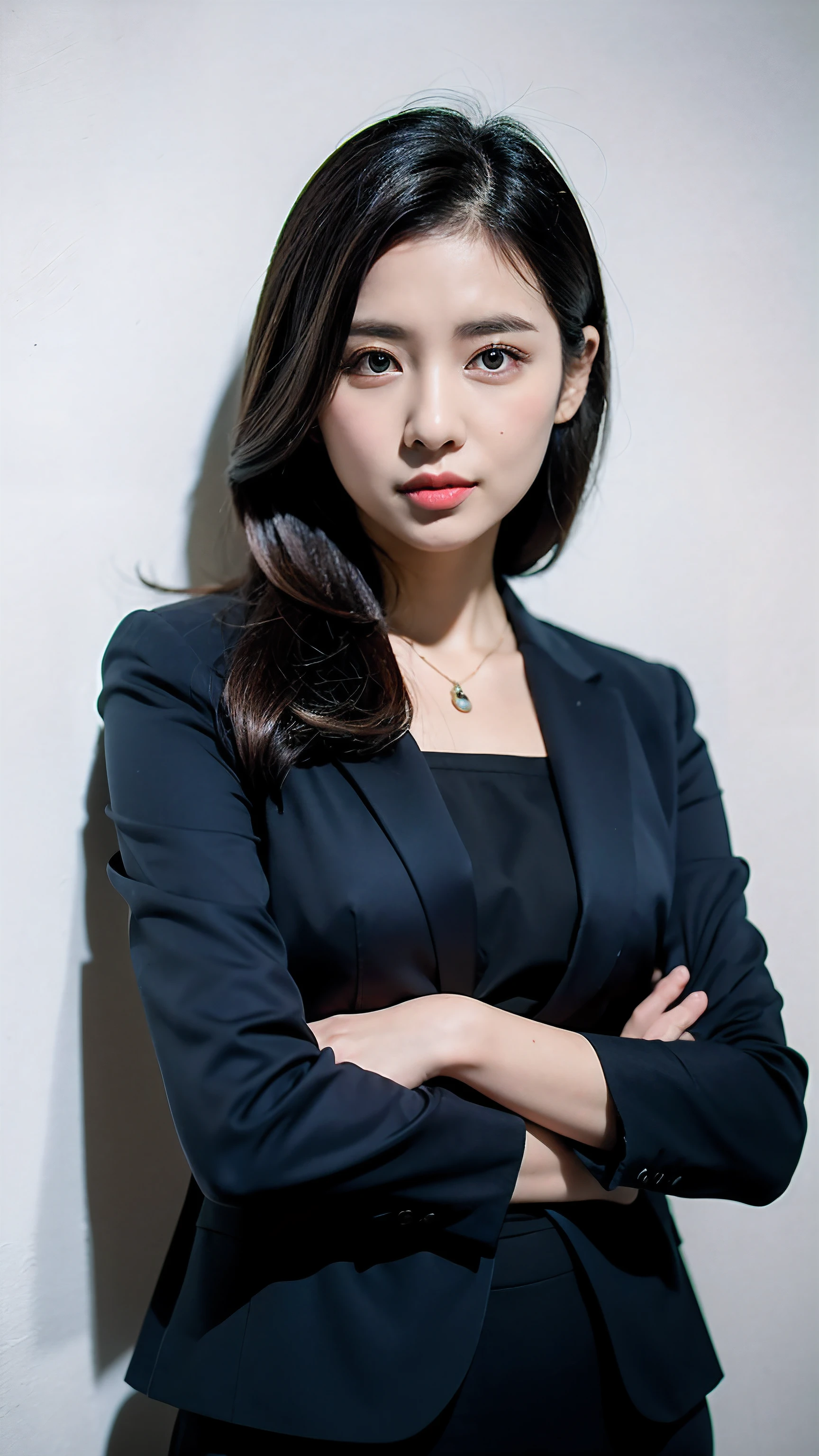 Professional image of a 25-year-old professional woman, Wearing navy blue business casual suit and hip wrapping skirt, professional profile picture, pose with arms crossed, professional photos, professional profile picture, women pictures, business woman, Teacher, black hair, Because I&#39;m slender, 8K high definition