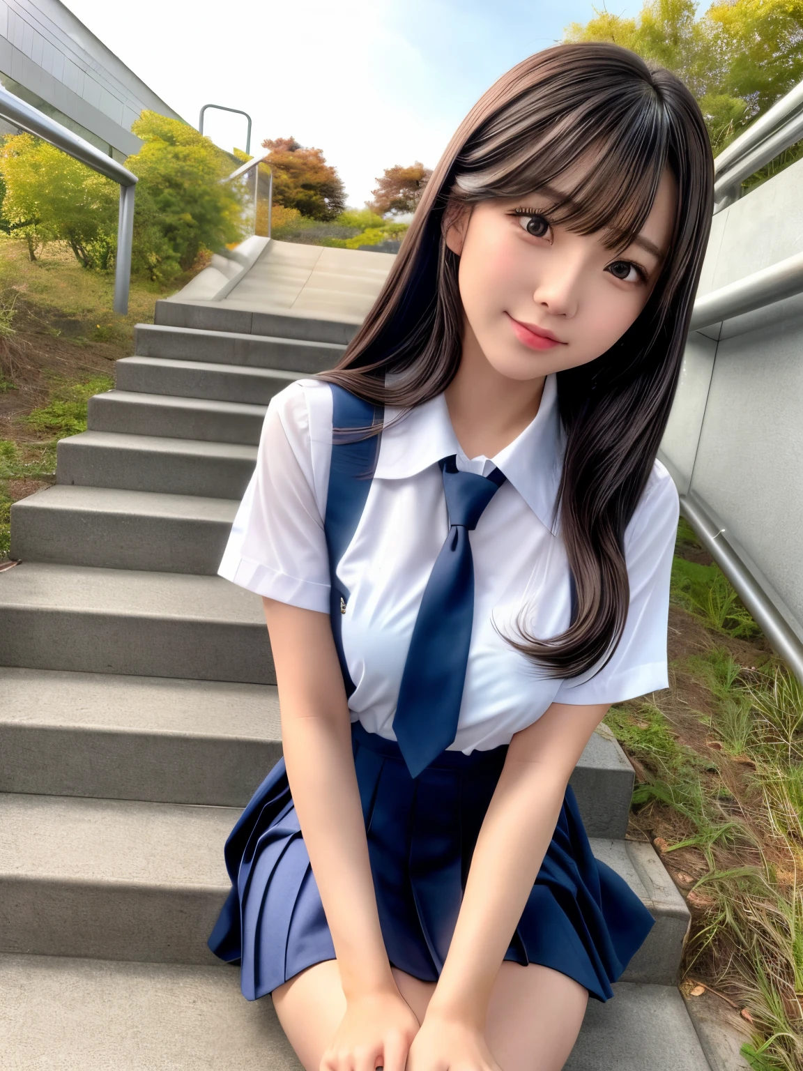 8k,highest quality, table top, super detailed, 超A high resolution, realistic, RAW photo, absurd, absolute resolution, 1 girl, alone,Upper body, looking at the viewer,Young pretty girl in Japan,super cute face, glamorous look, huge breasts, long bob hair ,smile,(school uniform:1.3),(She is crouching on the stairs of the station.) ,glossy lips, double eyelids in both eyes, natural makeup, long eyelashes, 艶やかで滑らかなライトブラウンのlong bob hair, asymmetrical bangs, shiny skin, center image, High resolution, high detail, detailed hairstyle, detailed face, great movie lighting, octane rendering, lively, surreal, perfect limbs, perfect anatomy